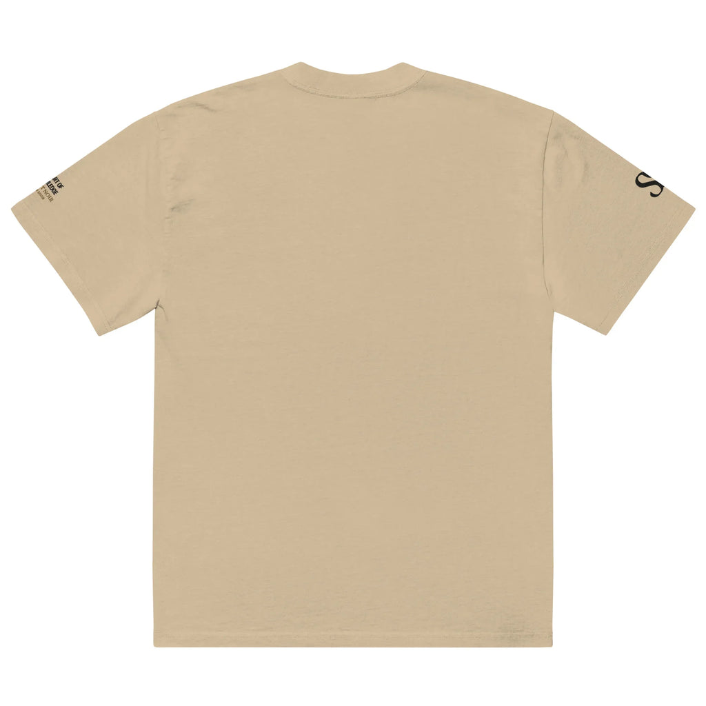 Back view of beige SAVANT NOIR luxury oversized streetwear tee with short sleeves and minimal design