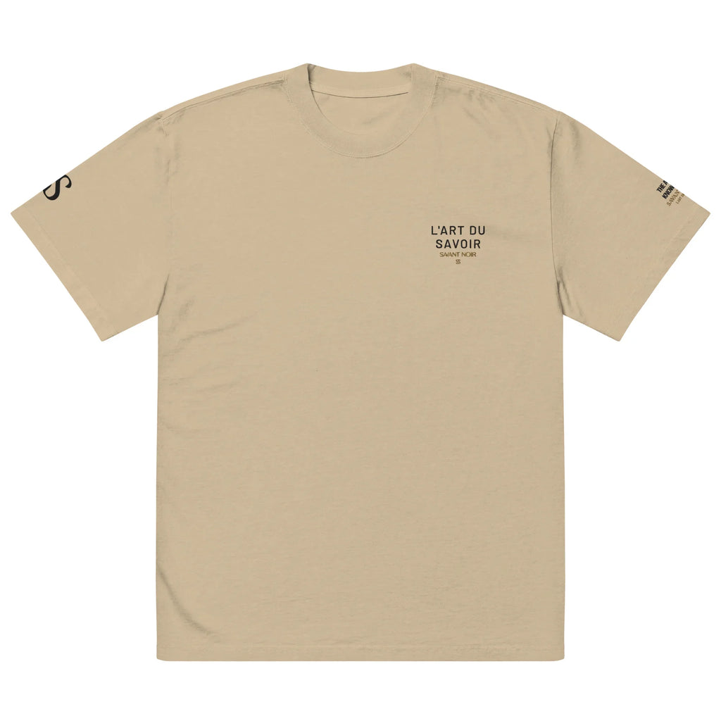 SAVANT NOIR luxury oversized streetwear tee in beige with black text print on chest and sleeves