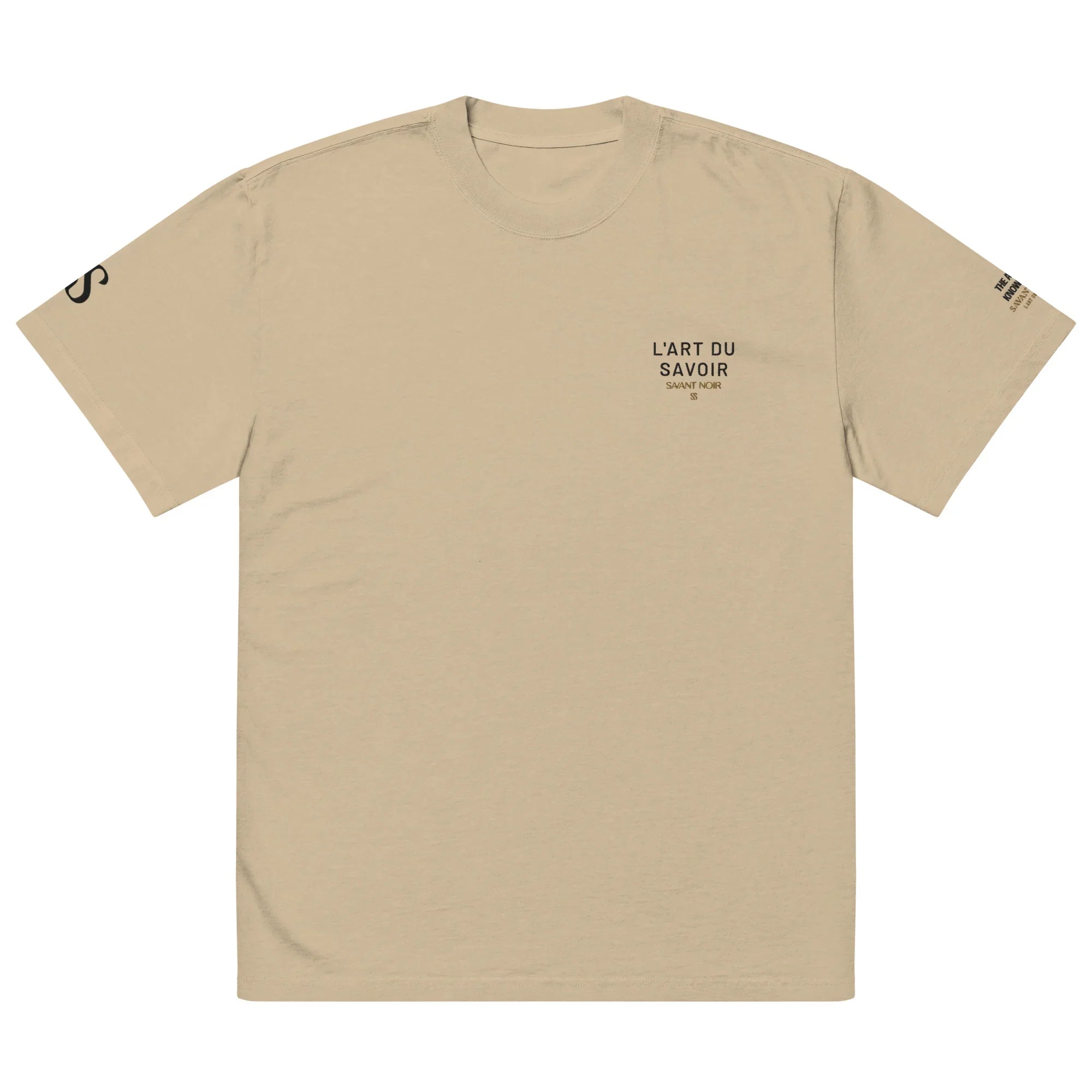 SAVANT NOIR luxury oversized streetwear tee in beige with black text print on chest and sleeves