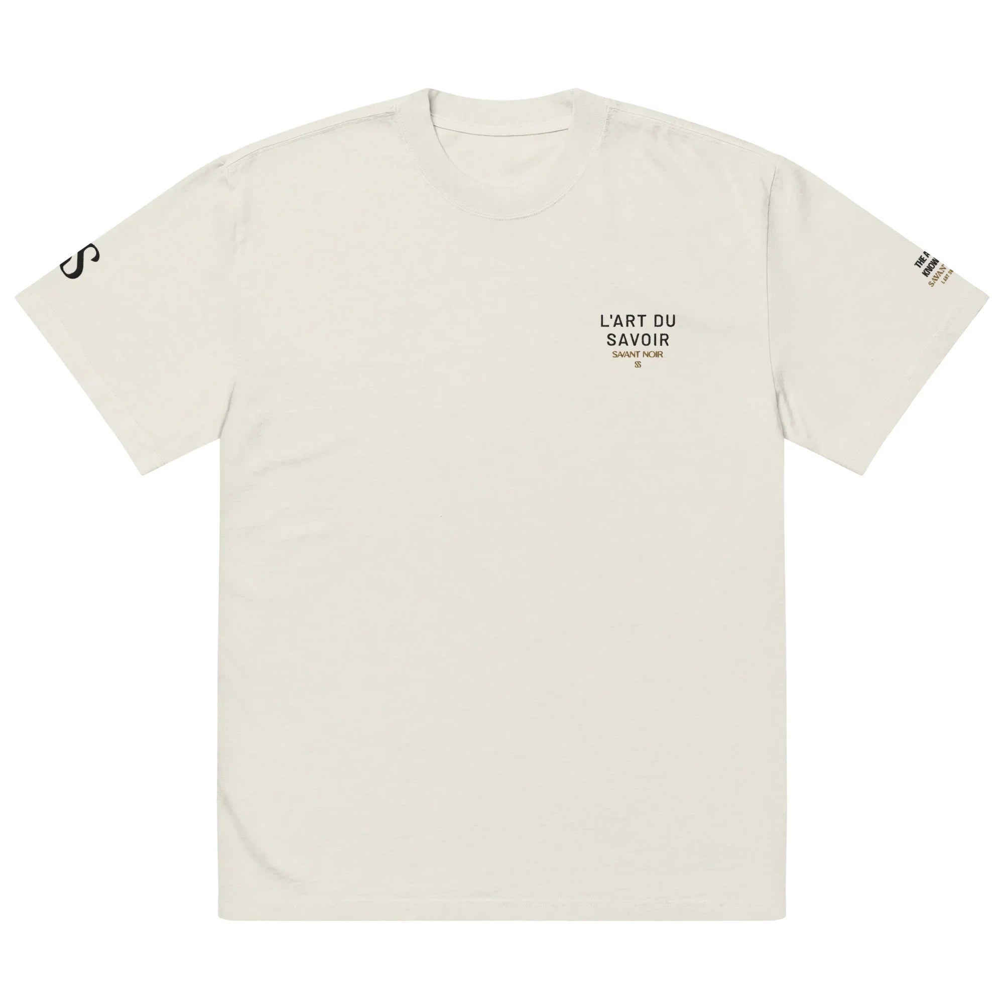 SAVANT NOIR luxury oversized streetwear tee in light beige with minimal text design on front and sleeves