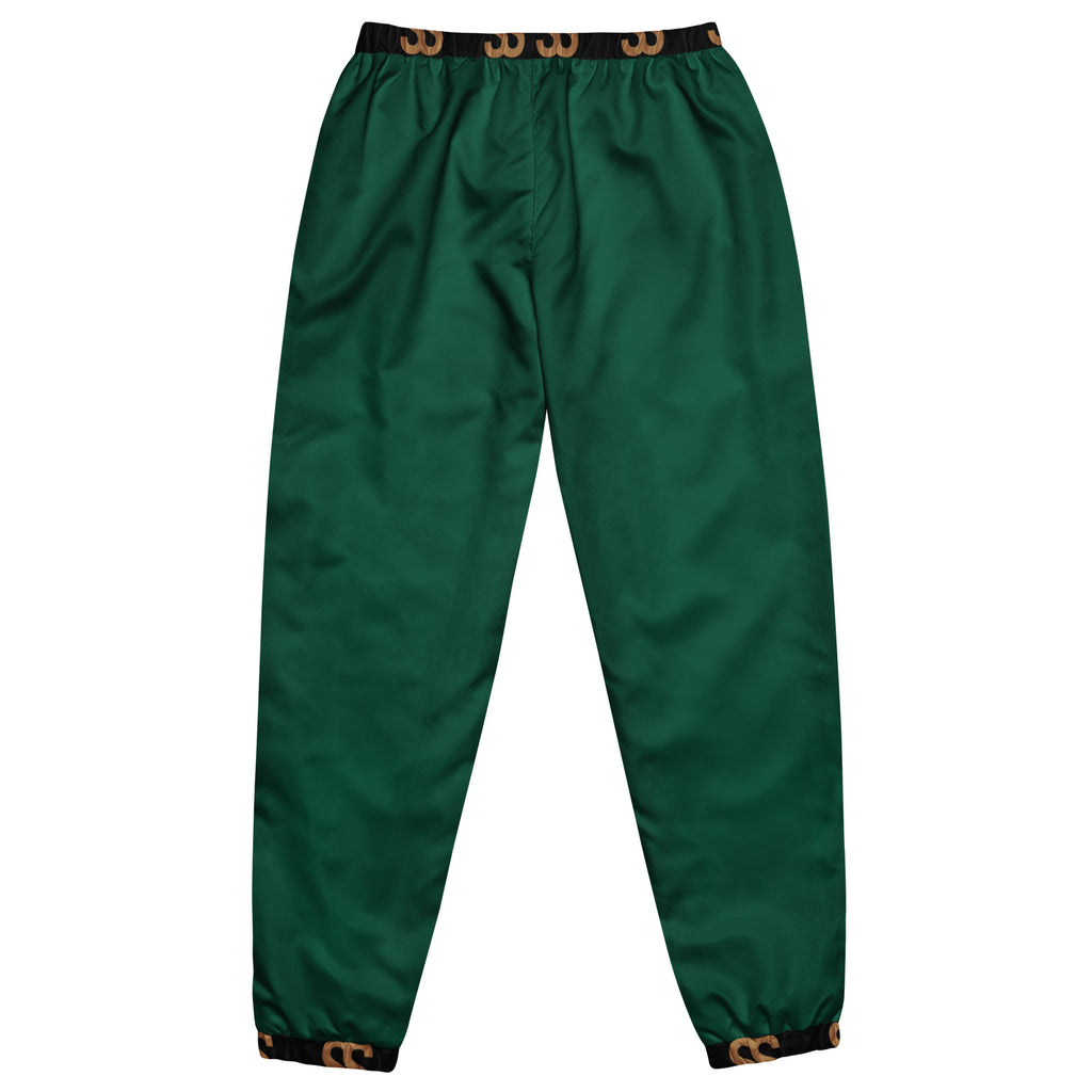 British racing green joggers with black and brown elastic waistband and cuffs by SAVANT NOIR