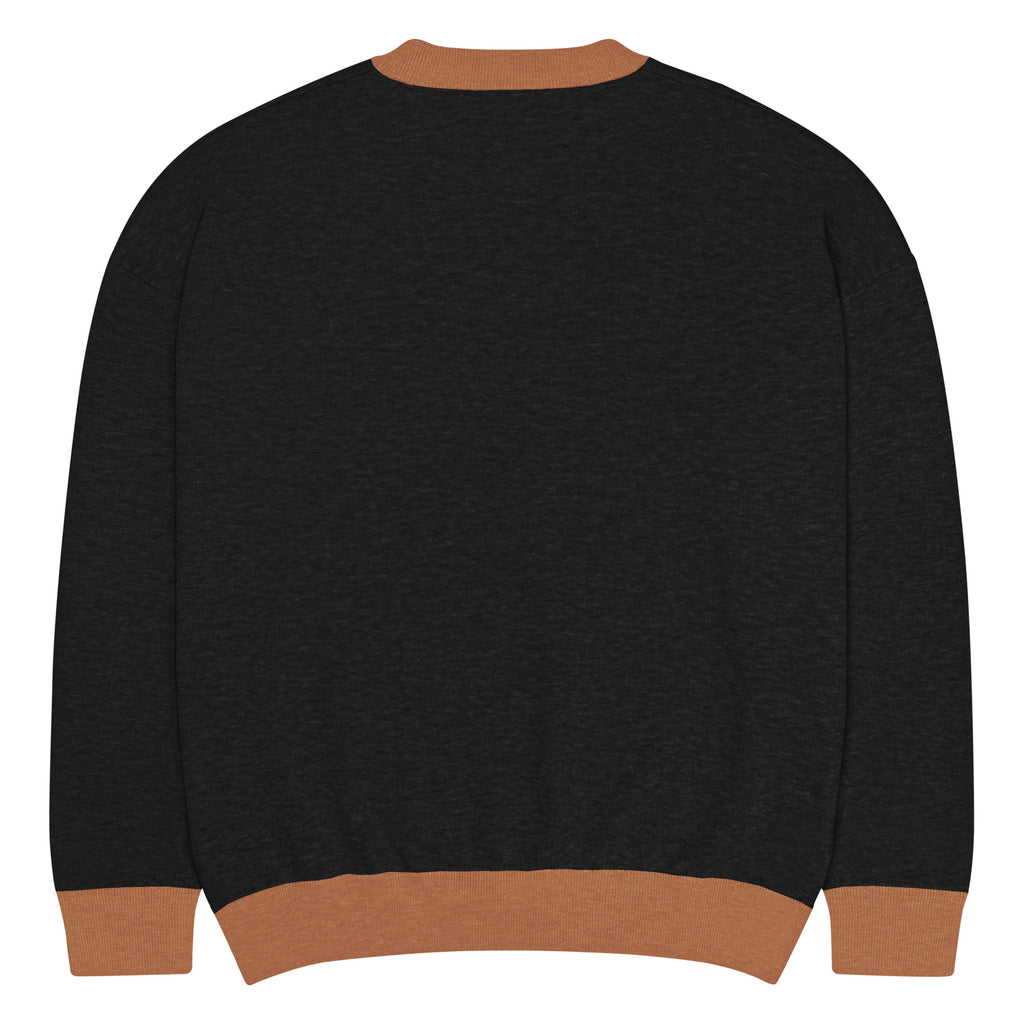 SAVANT NOIR designer black knit pullover with brown cuffs and collar in a simple back view