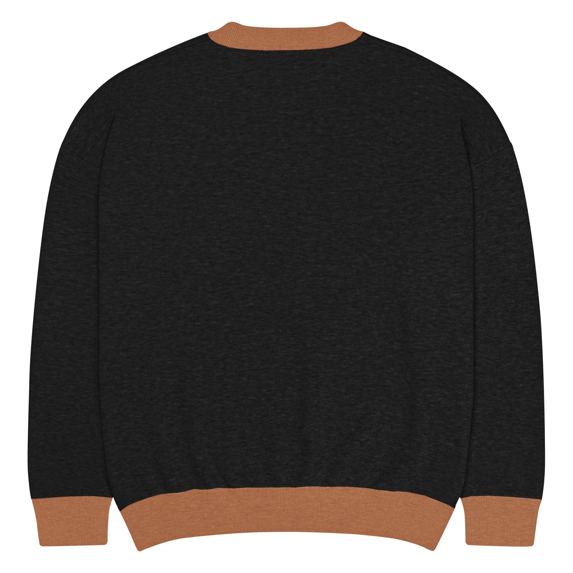 SAVANT NOIR designer black knit pullover with brown cuffs and collar in a simple back view