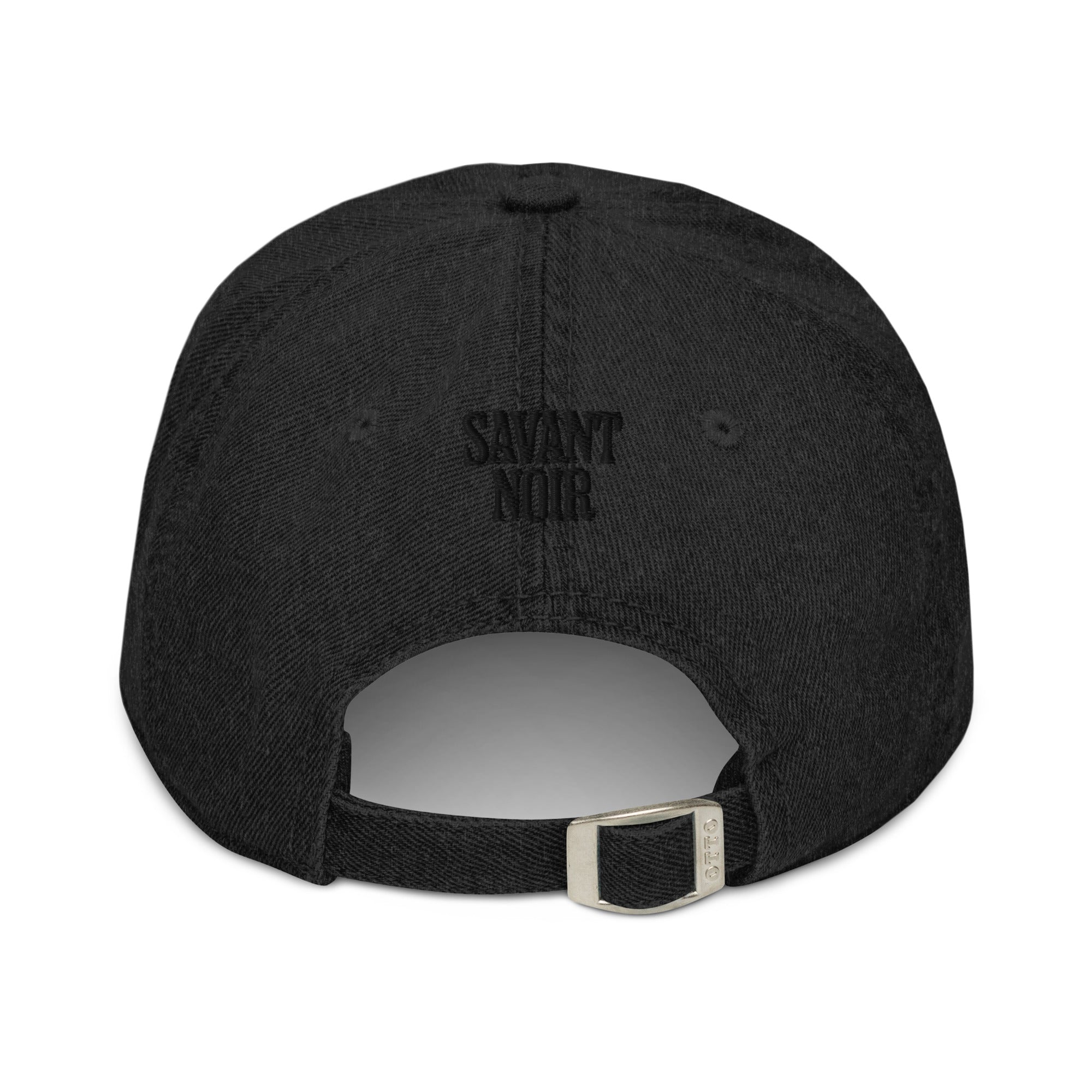 Black Savant Noir hat viewed from back with adjustable metal buckle, featuring designer blue denim hat branding