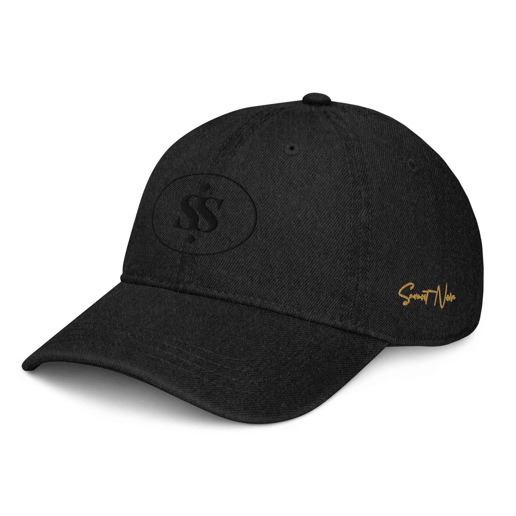 SAVANT NOIR designer blue denim hat in black with embroidered logo and curved brim