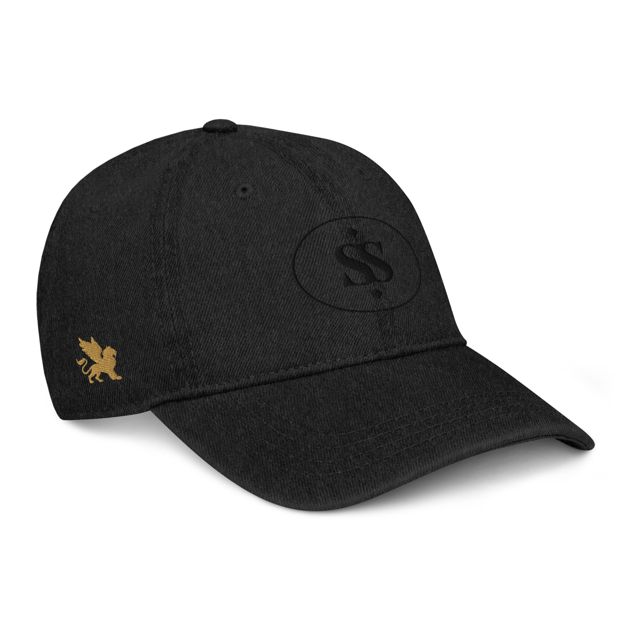 SAVANT NOIR black designer blue denim hat with embroidered logo and gold griffin detail