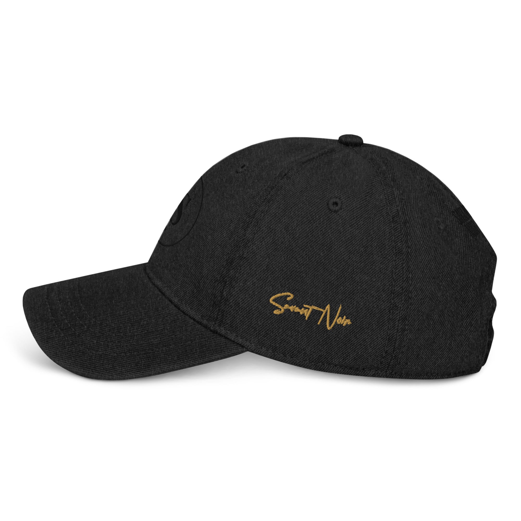 Black designer blue denim hat by SAVANT NOIR with gold embroidered logo on side