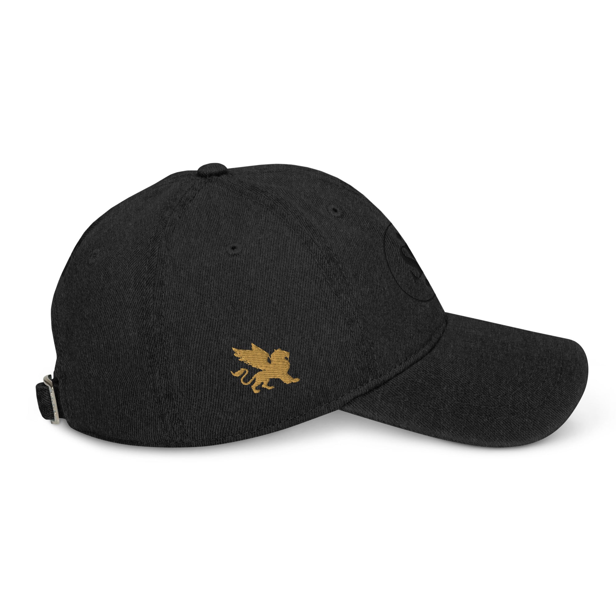 SAVANT NOIR black cap with gold embroidered lion logo, part of designer blue denim hat collection