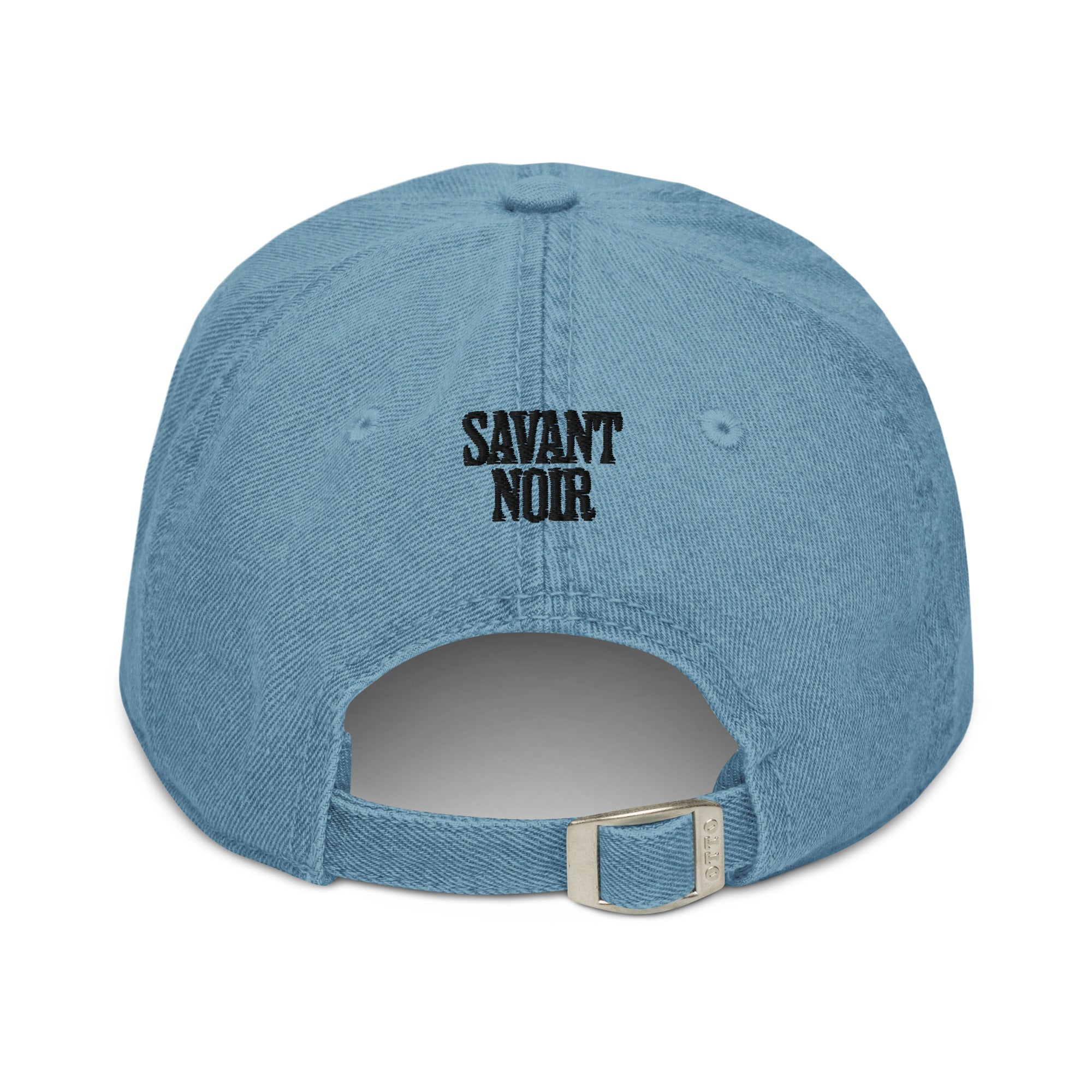 Back view of designer blue denim hat with adjustable strap and Savant Noir logo embroidered