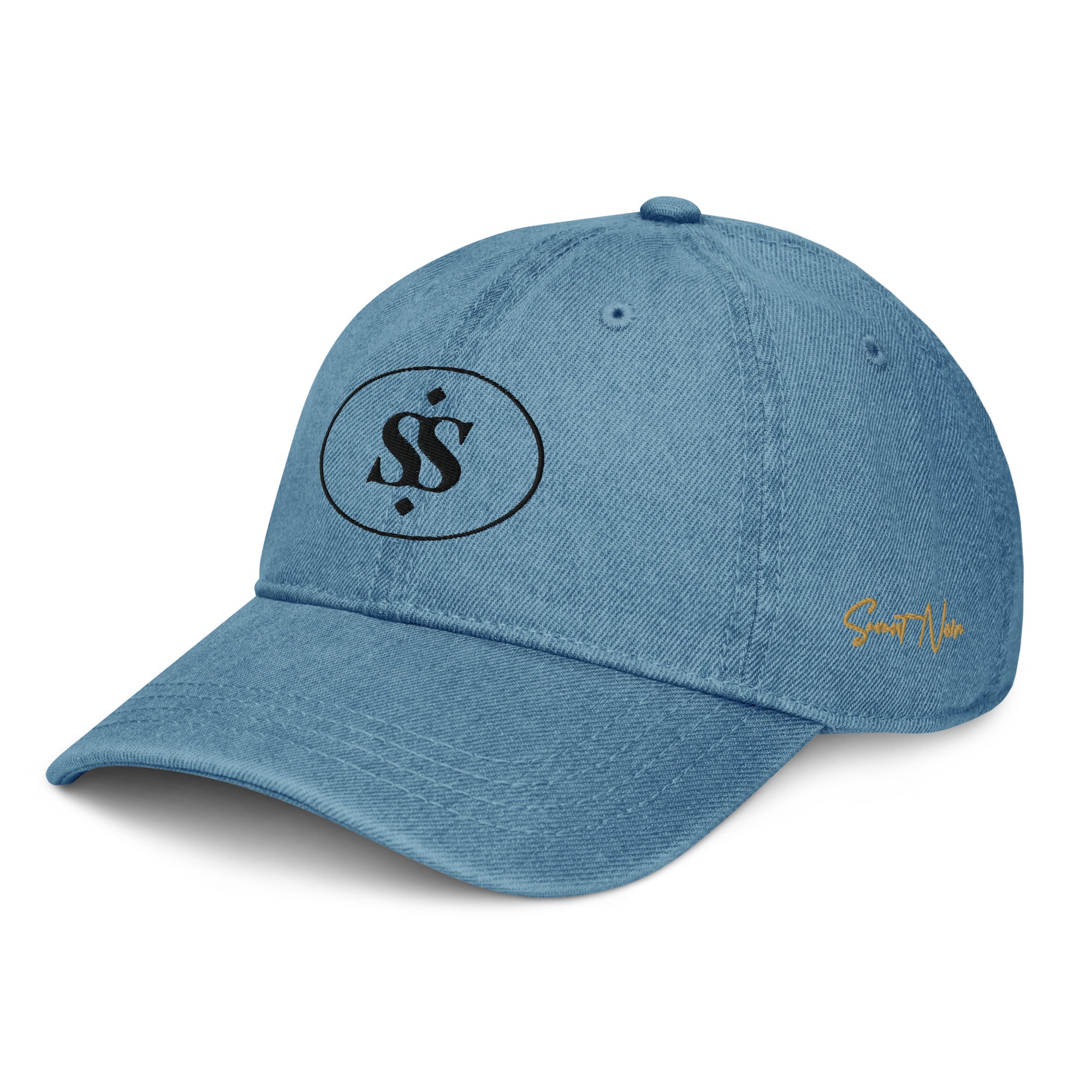 SAVANT NOIR designer blue denim hat with black logo and yellow signature embroidery