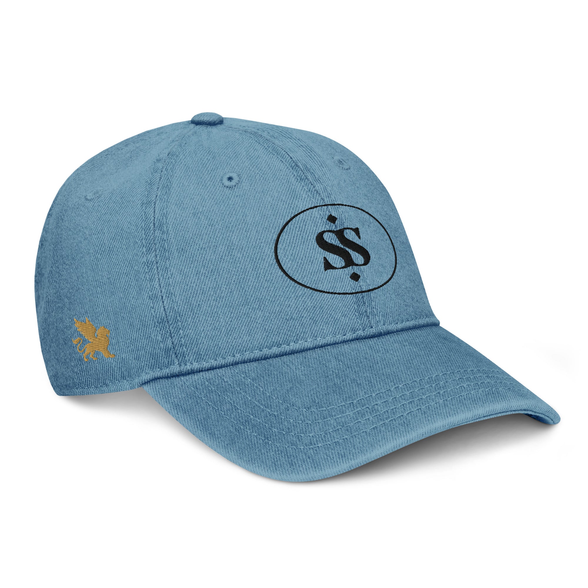 SAVANT NOIR designer blue denim hat with black logo embroidery and gold lion detail