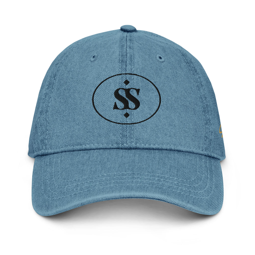SAVANT NOIR designer blue denim hat with embroidered logo on front and classic curved brim