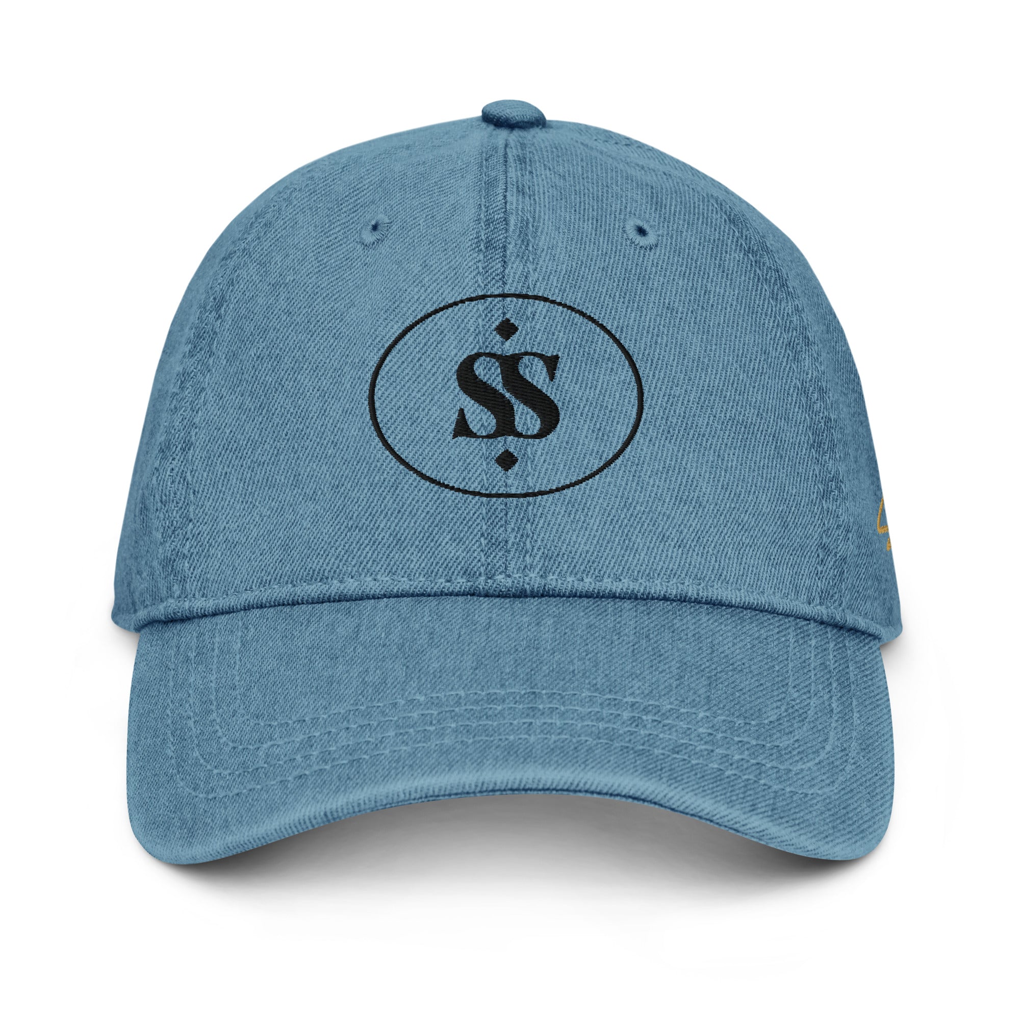 SAVANT NOIR designer blue denim hat with embroidered logo on front and classic curved brim