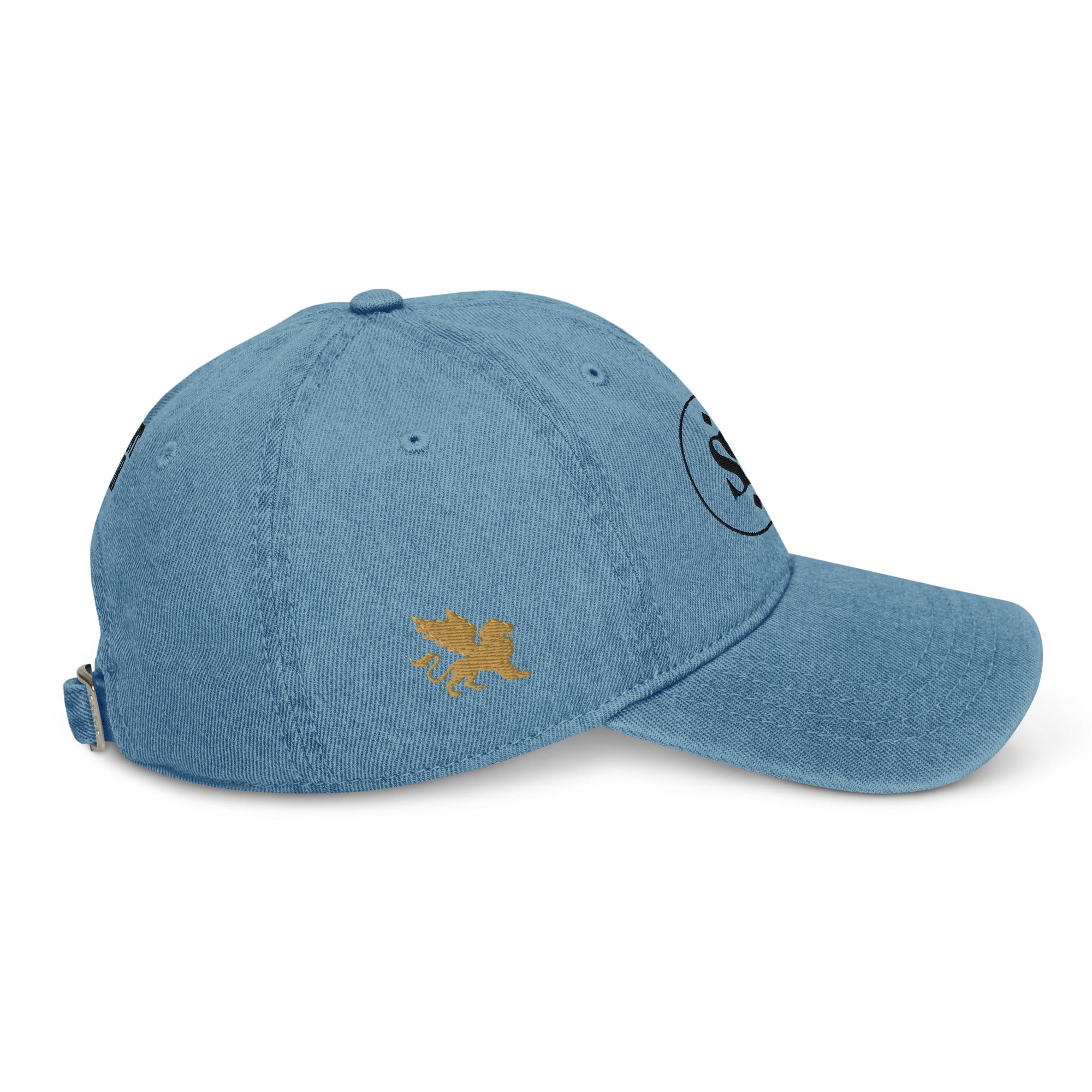 SAVANT NOIR designer blue denim hat with adjustable strap and gold embroidered angel logo