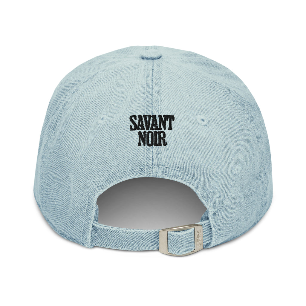 SAVANT NOIR designer blue denim hat back view with adjustable strap and embroidered logo