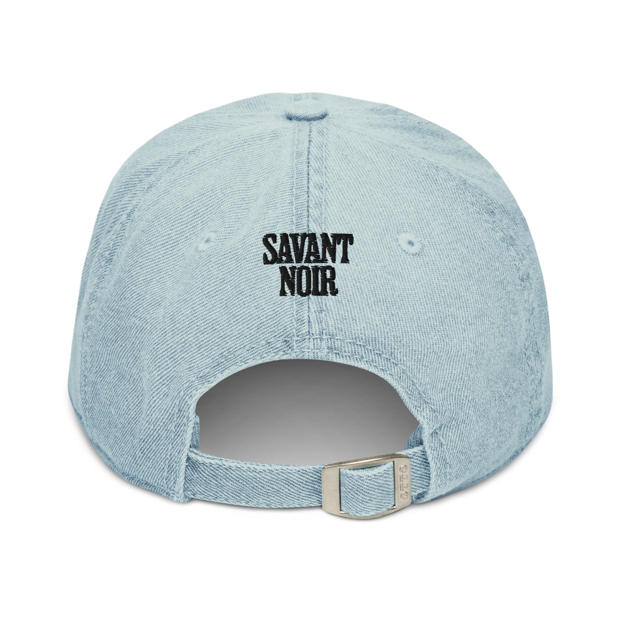 SAVANT NOIR designer blue denim hat back view with adjustable strap and embroidered logo