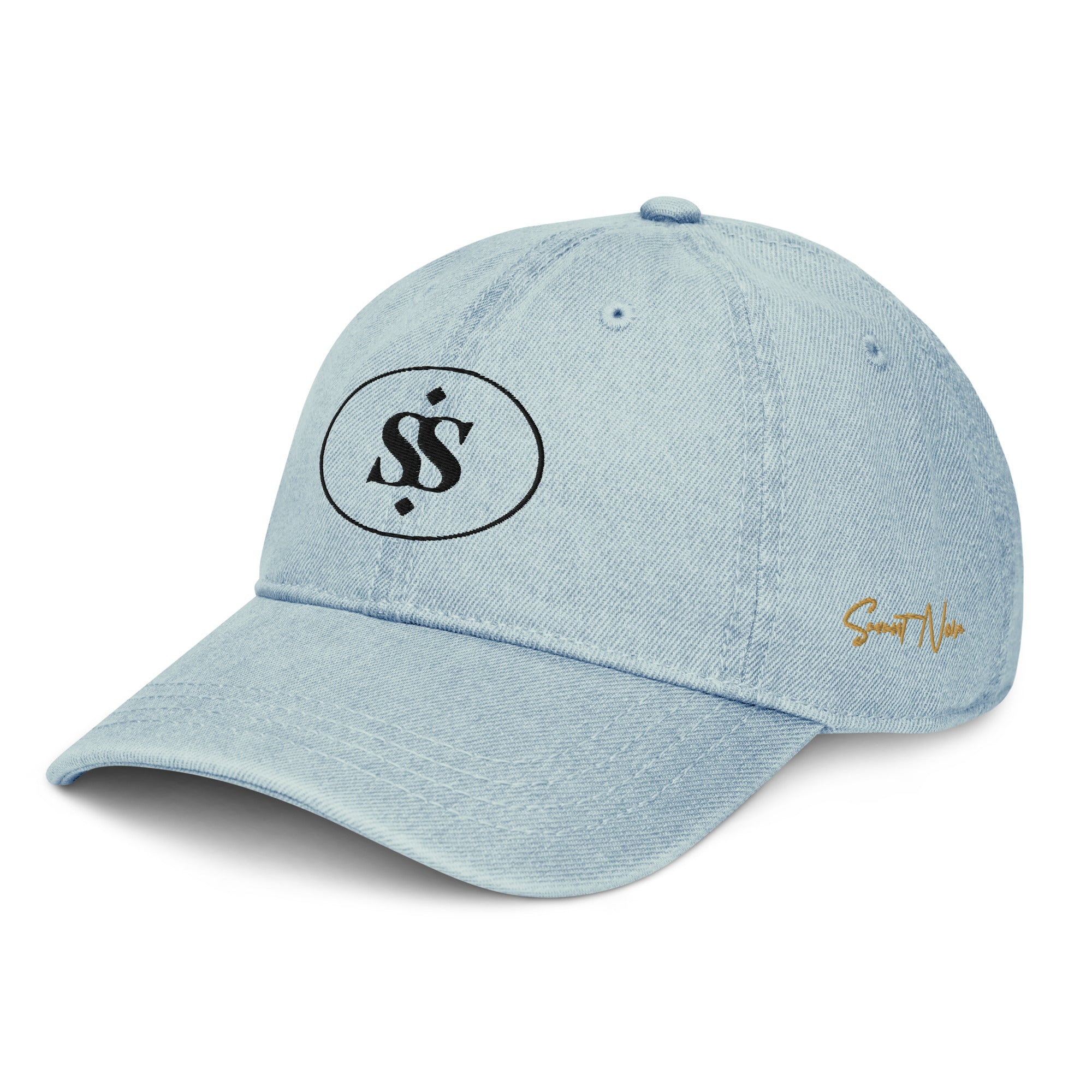 SAVANT NOIR designer blue denim hat with black SS logo and gold signature embroidery