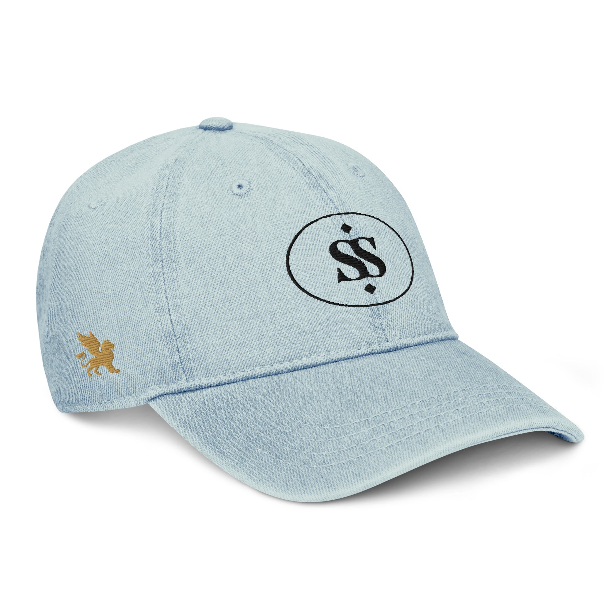 SAVANT NOIR designer blue denim hat with black logo and gold emblem on side
