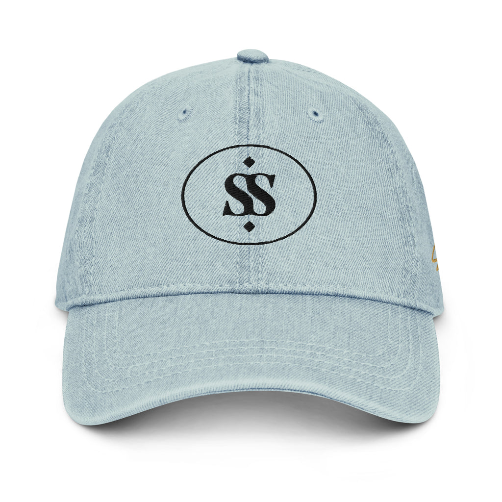 SAVANT NOIR designer blue denim hat with black logo embroidery on front panel