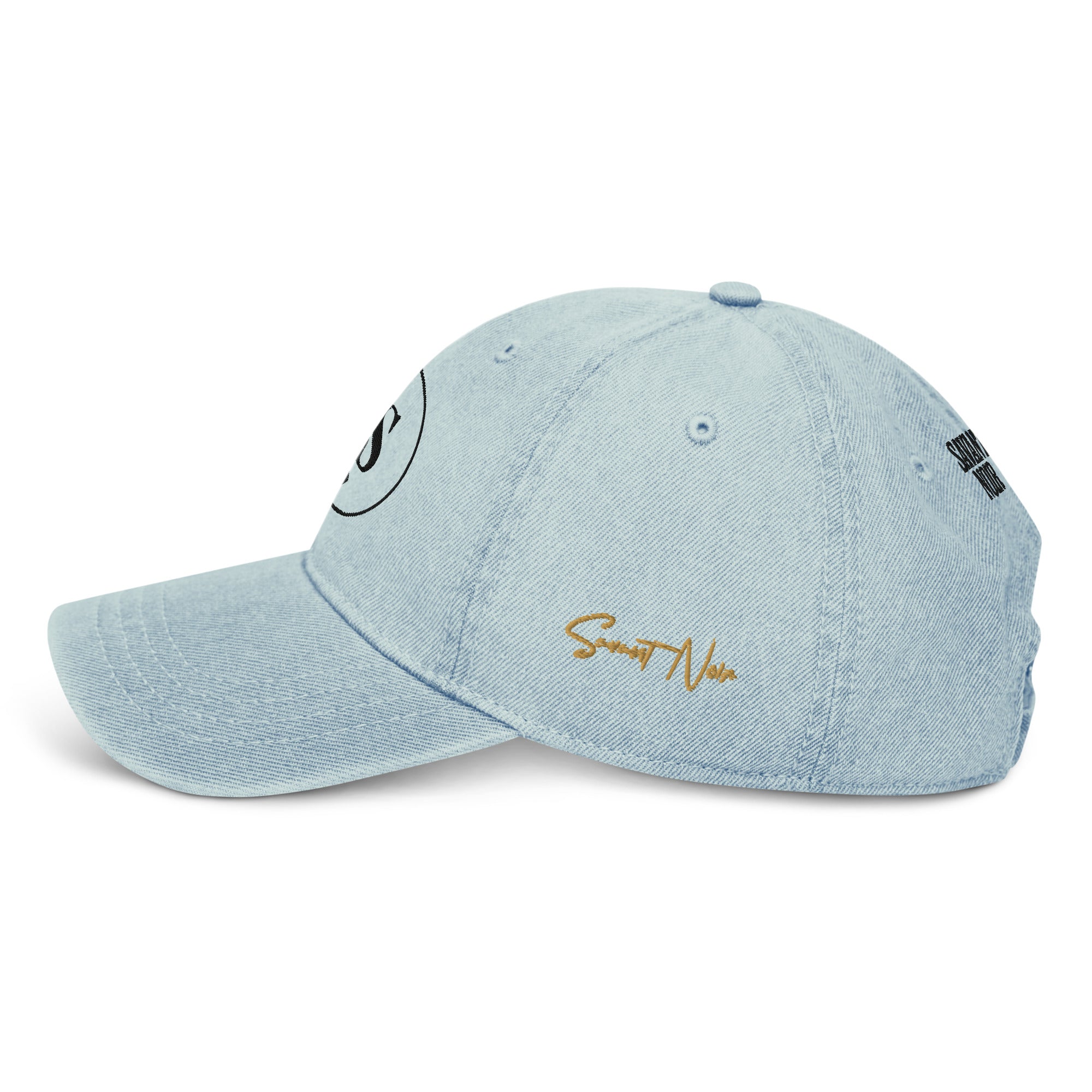 SAVANT NOIR designer blue denim hat with curved brim and embroidered logo on the side