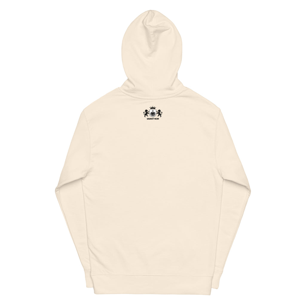 SAVANT NOIR designer lion motif hoodie in cream color showing back with small lion crest logo