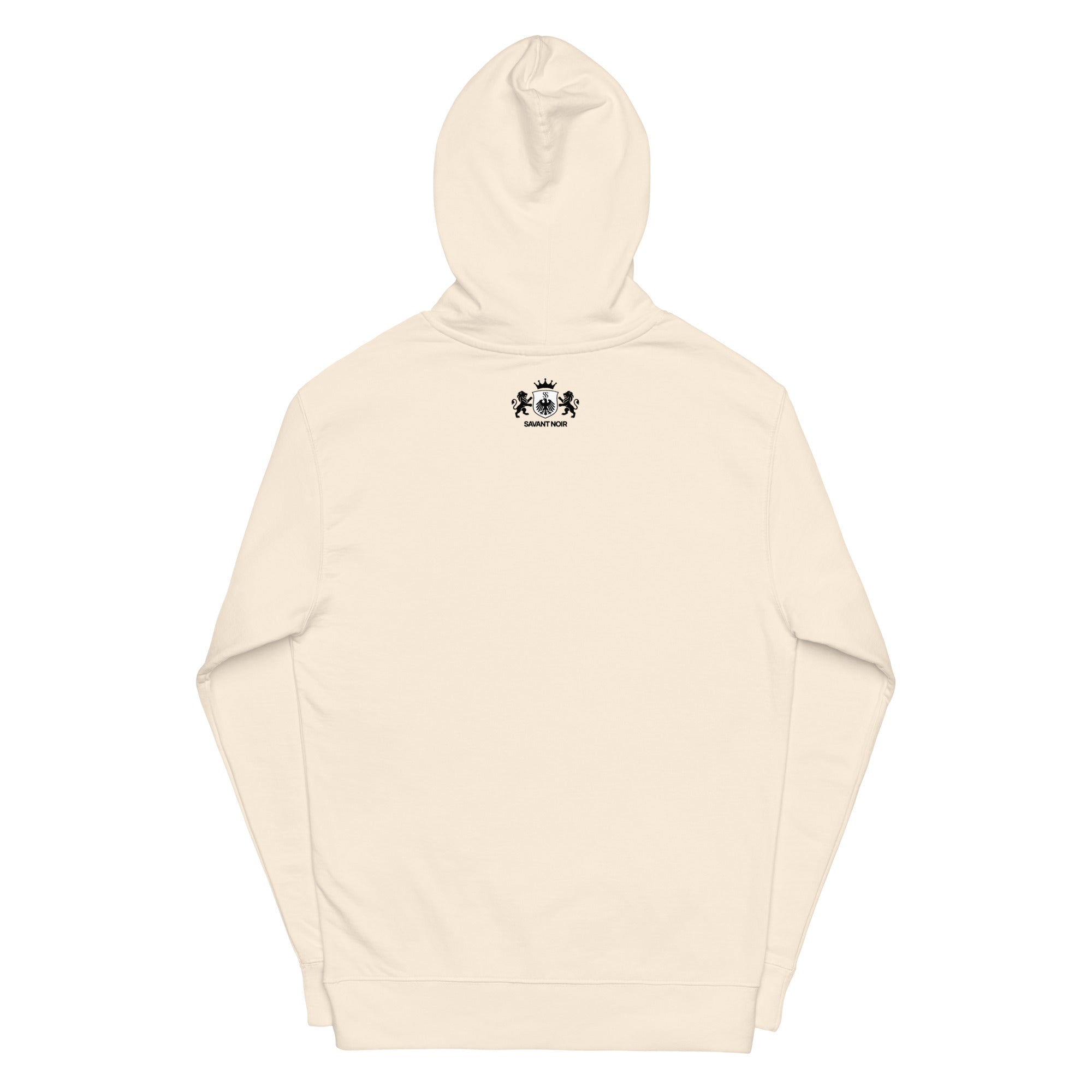 SAVANT NOIR designer lion motif hoodie in cream color showing back with small lion crest logo