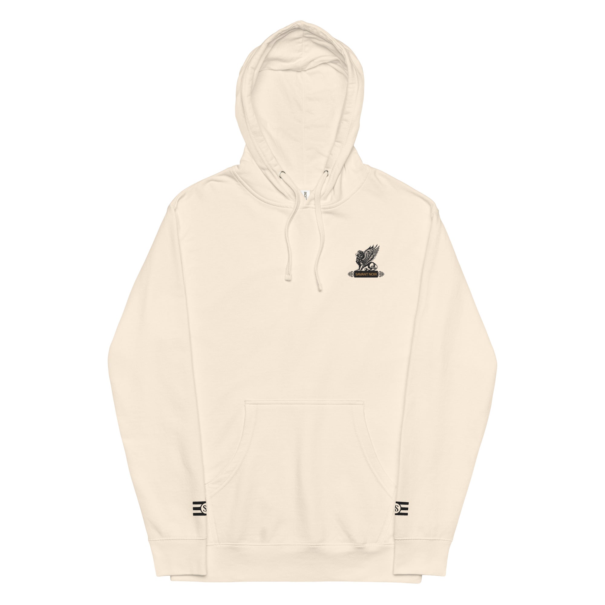 SAVANT NOIR designer lion motif hoodie in beige with front pocket and small lion logo on chest
