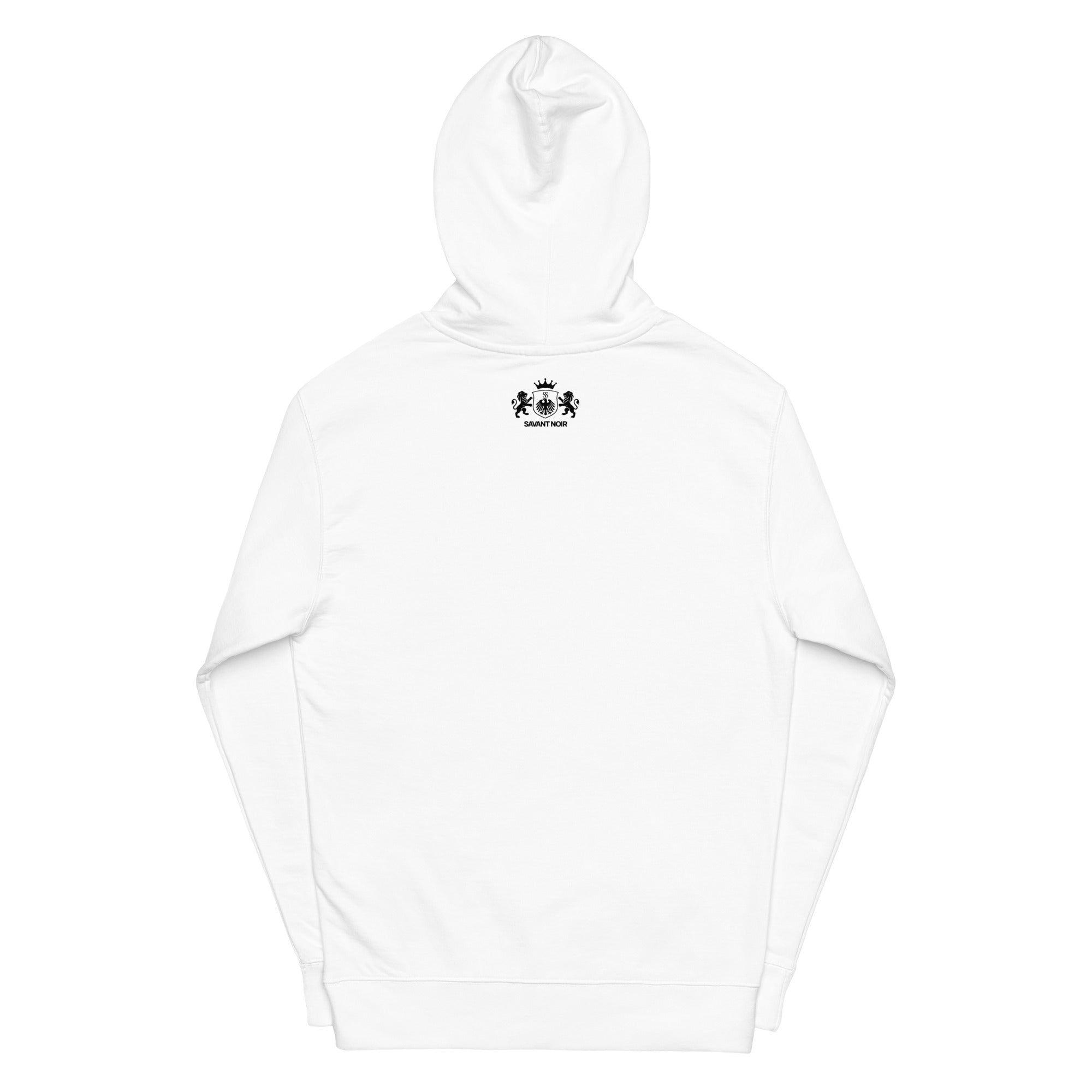 White SAVANT NOIR designer lion motif hoodie showing back with small black lion and crest logo under hood