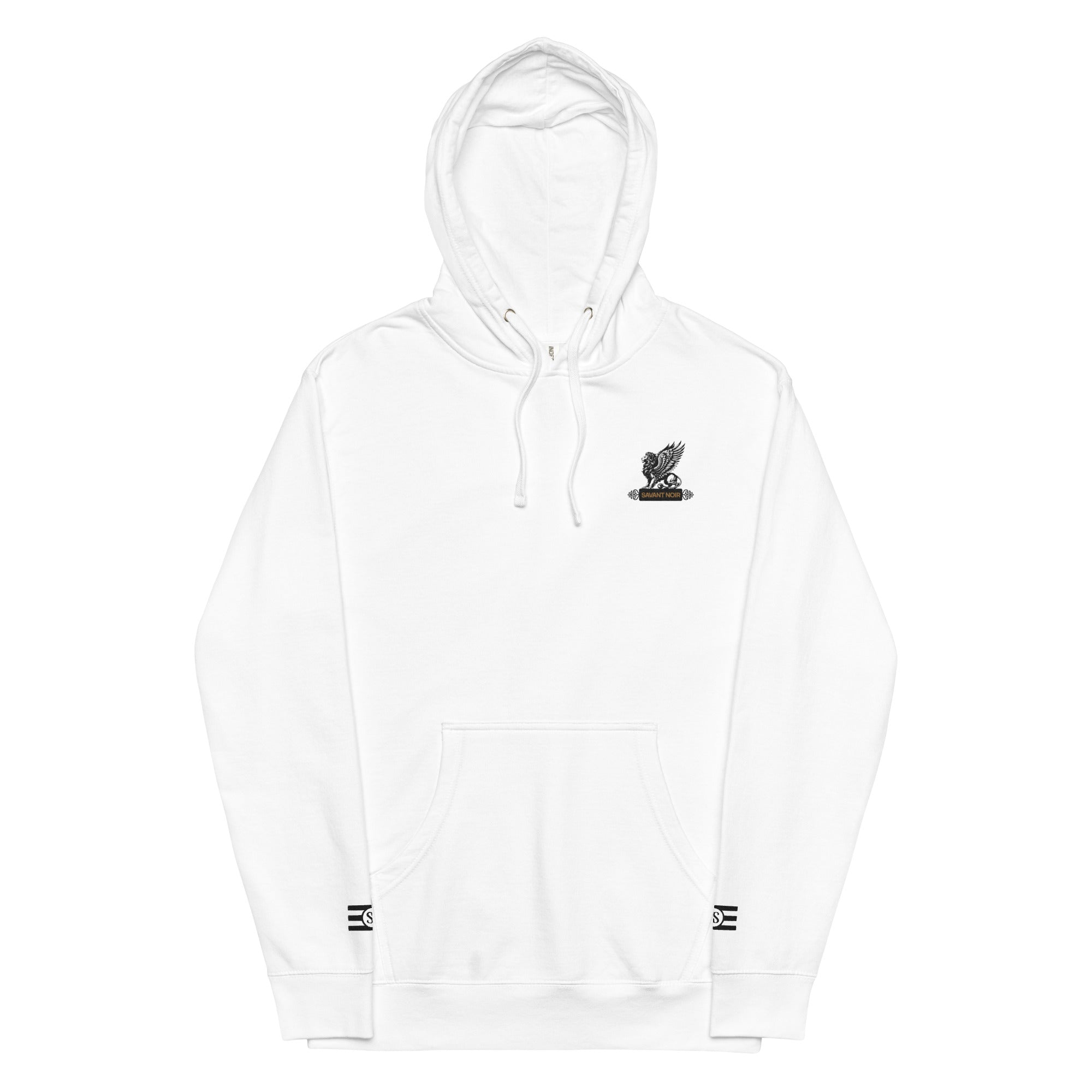 White SAVANT NOIR designer lion motif hoodie with front pocket and adjustable drawstring hood