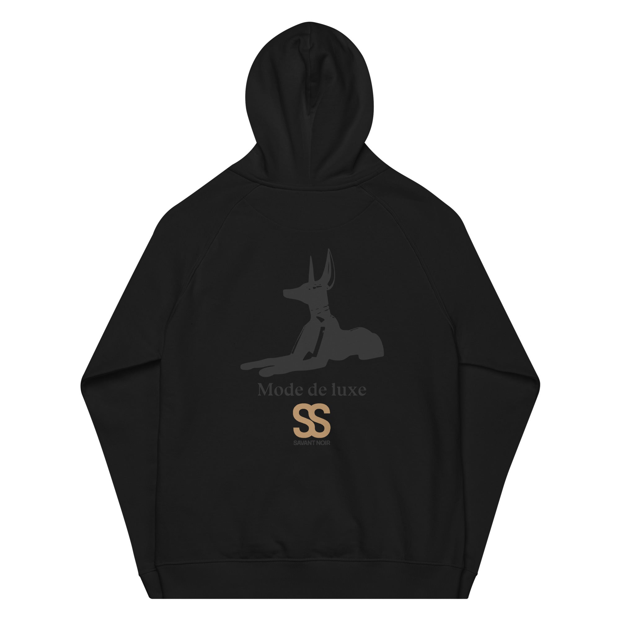 SAVANT NOIR black designer minimalist hoodie with ankh dog graphic and Mode de luxe text