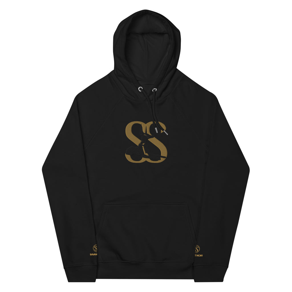 Black designer minimalist hoodie by SAVANT NOIR with gold logo and front kangaroo pocket