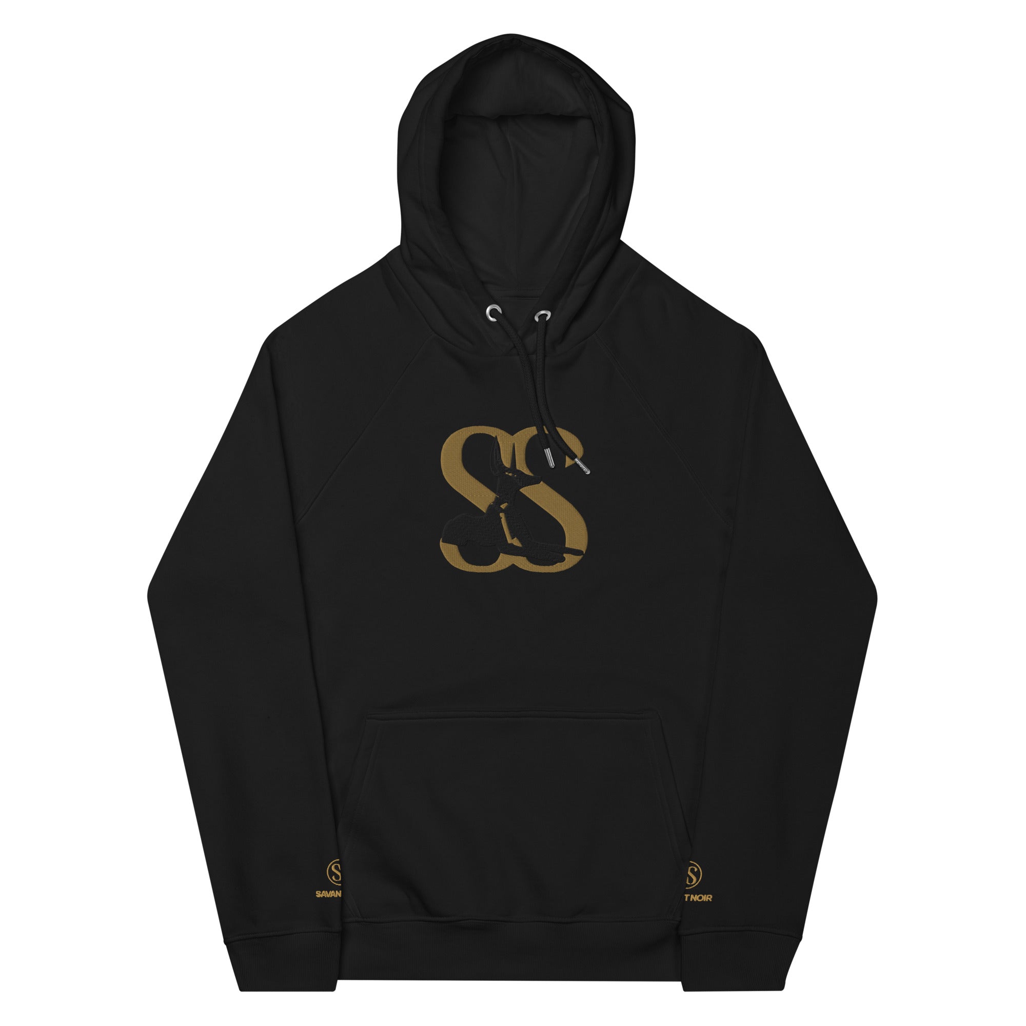 Black designer minimalist hoodie by SAVANT NOIR with gold logo and front kangaroo pocket