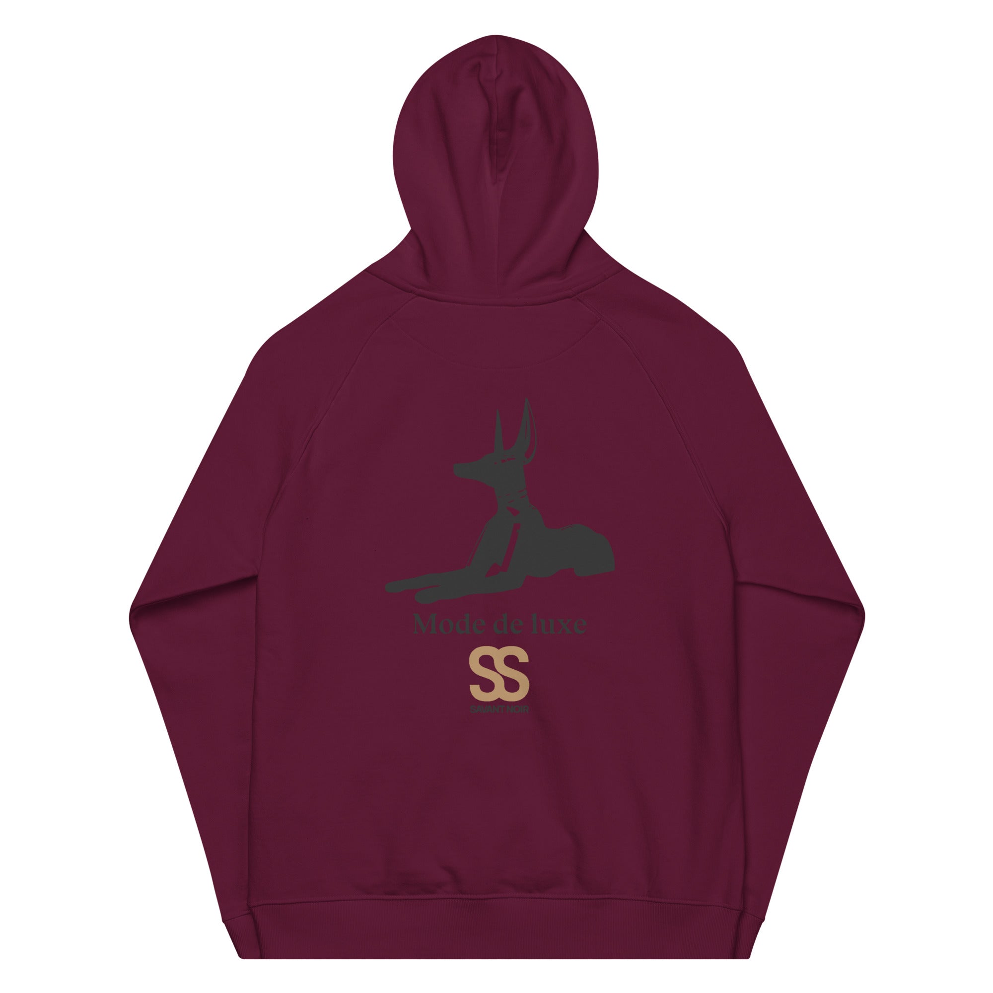 SAVANT NOIR designer minimalist hoodie in dark burgundy with unique logo print on back