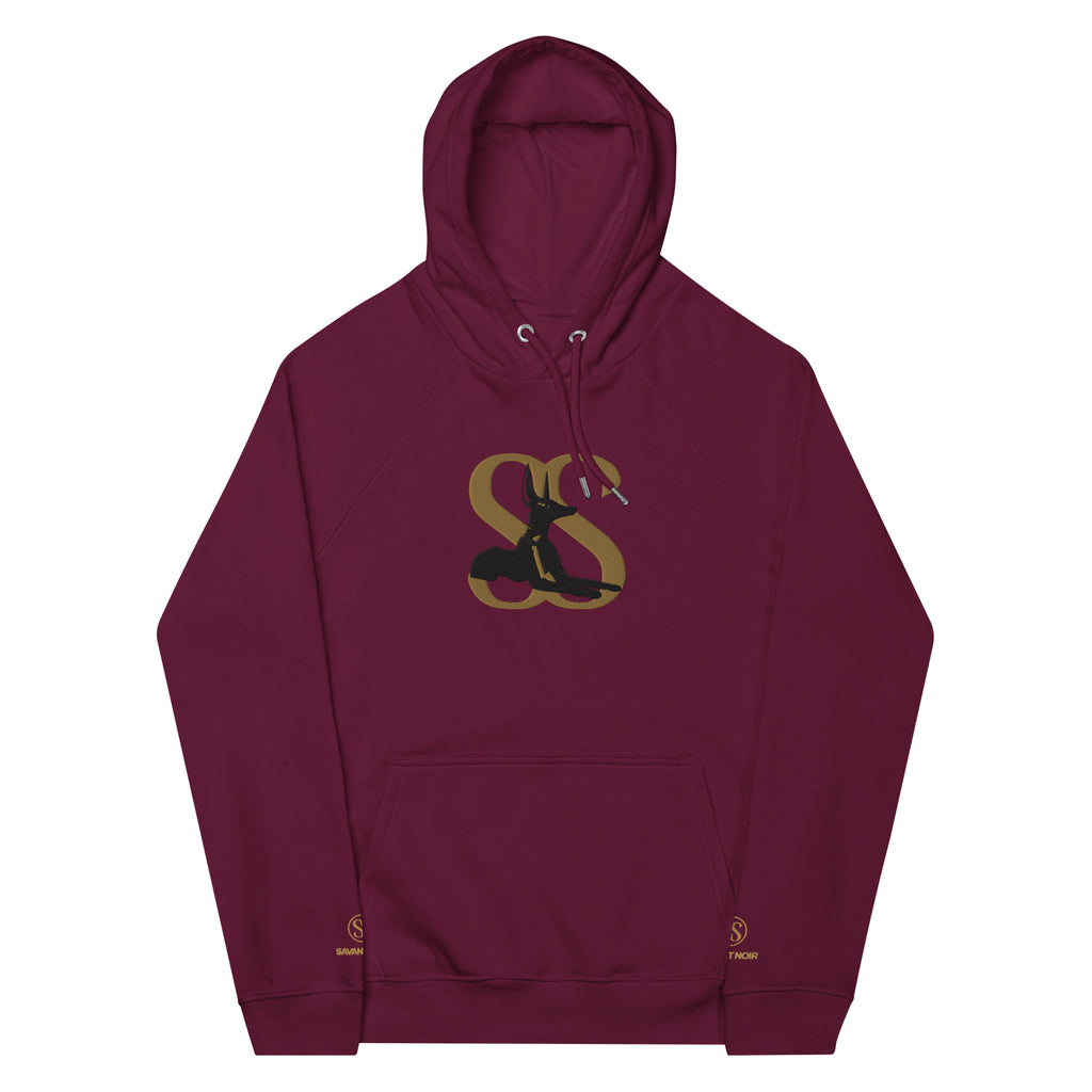 SAVANT NOIR maroon designer minimalist hoodie with gold and black logo on front and adjustable hood