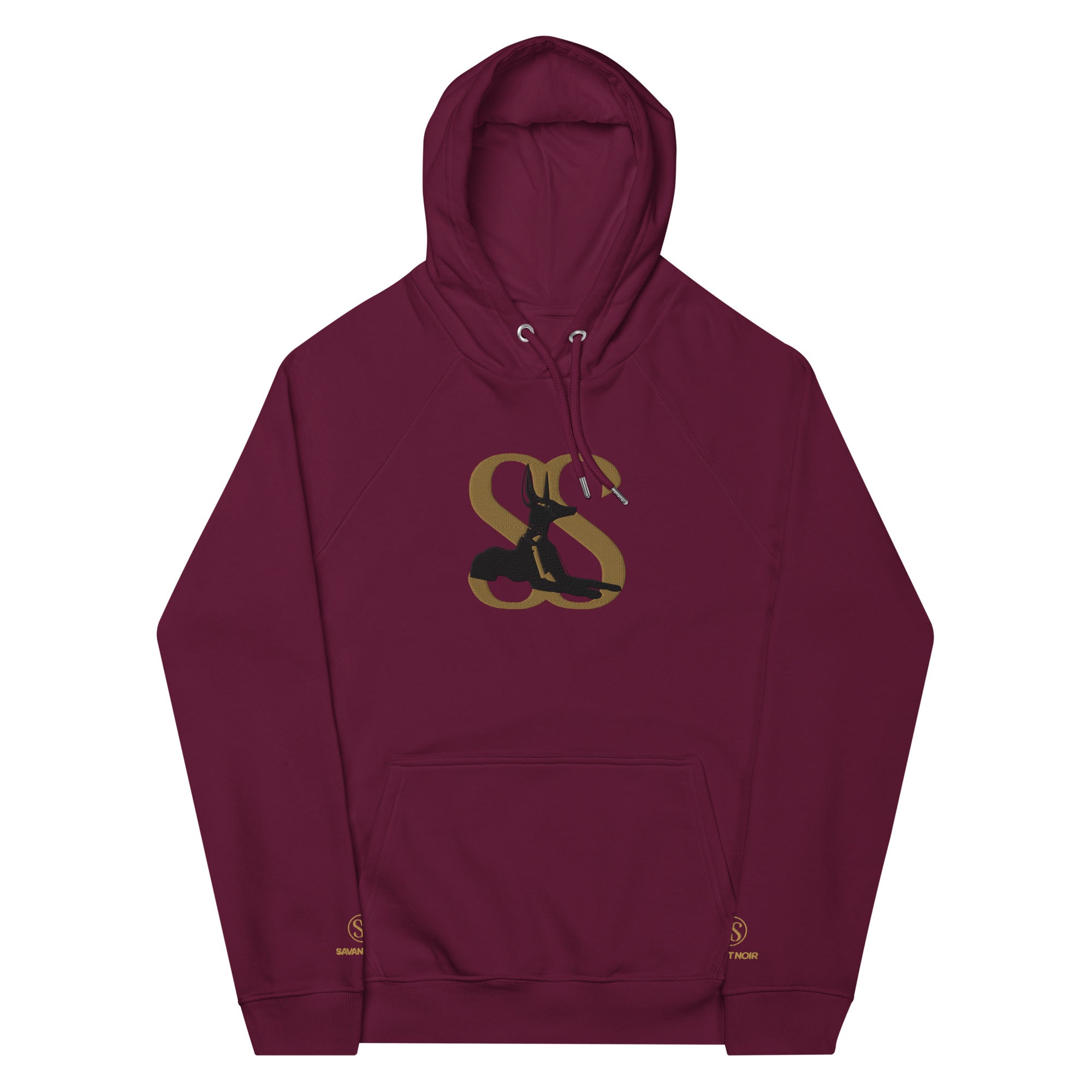 SAVANT NOIR maroon designer minimalist hoodie with gold and black logo on front and adjustable hood