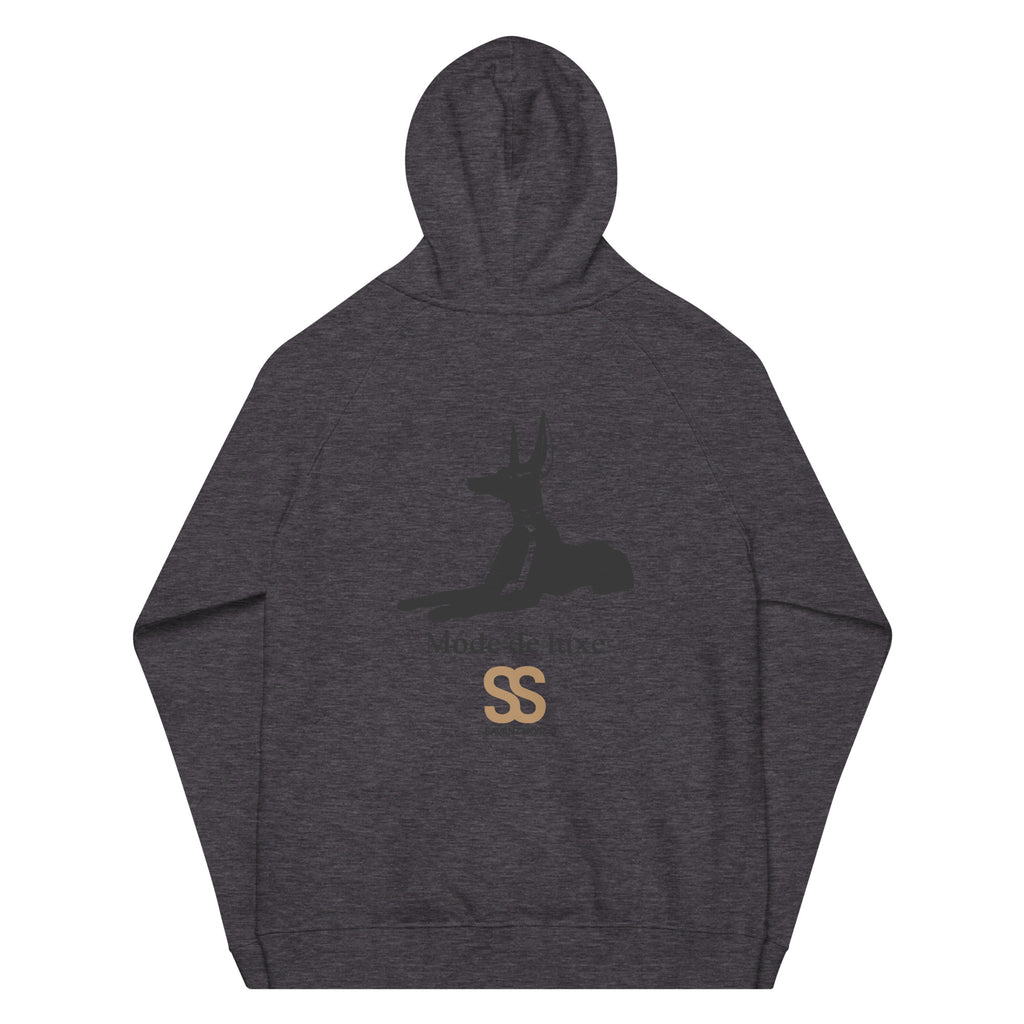 SAVANT NOIR dark gray designer minimalist hoodie with subtle logo graphic on the back
