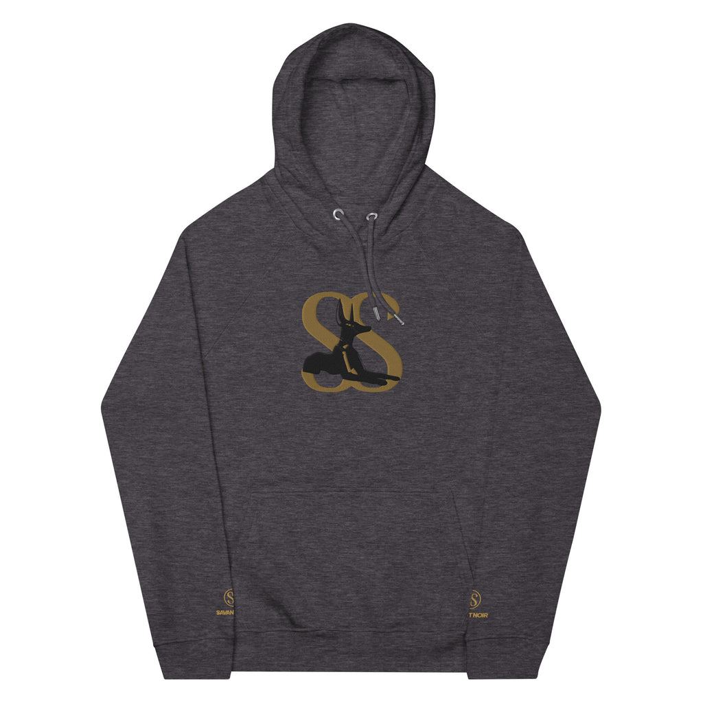 SAVANT NOIR gray designer minimalist hoodie with front logo and adjustable drawstring hood