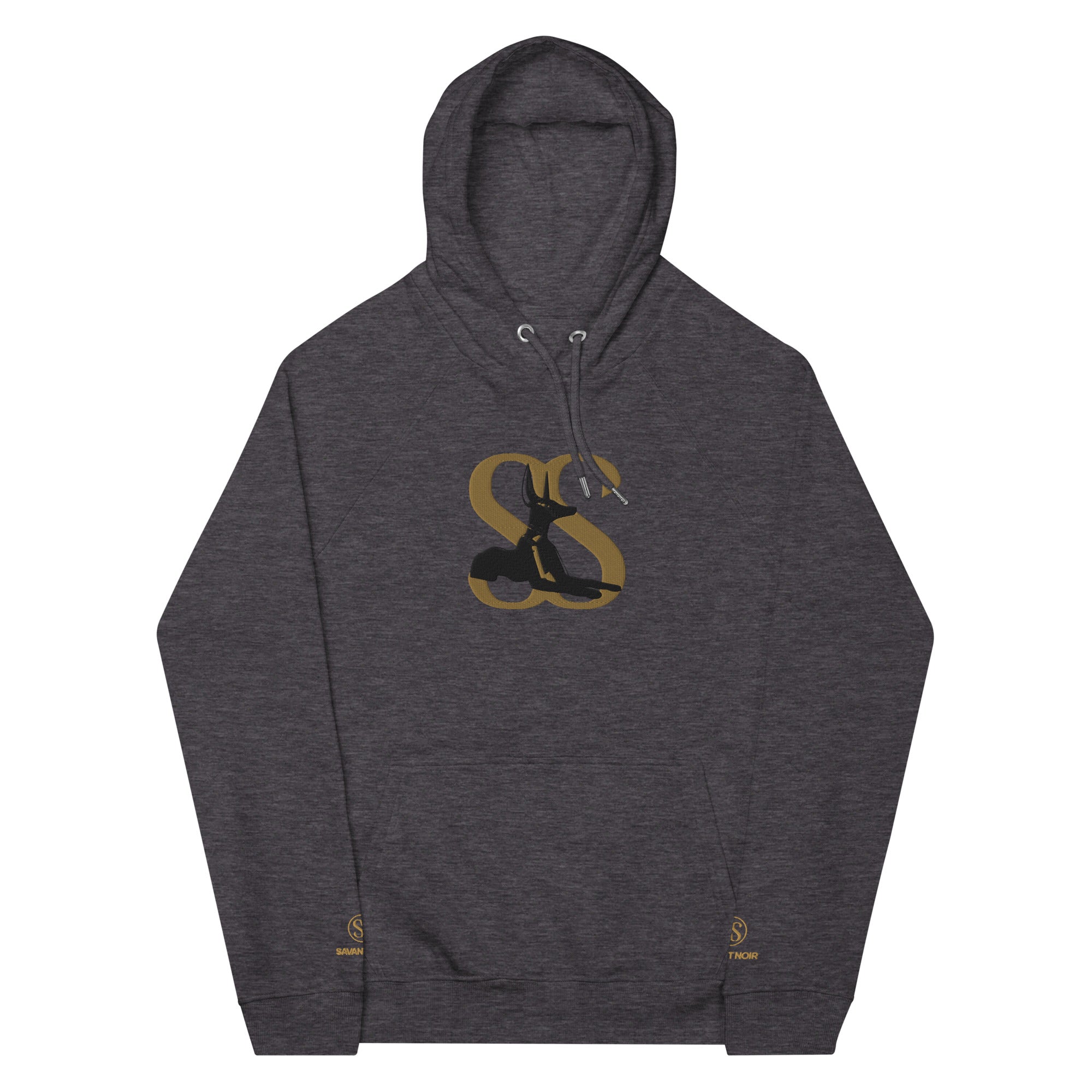 SAVANT NOIR gray designer minimalist hoodie with front logo and adjustable drawstring hood