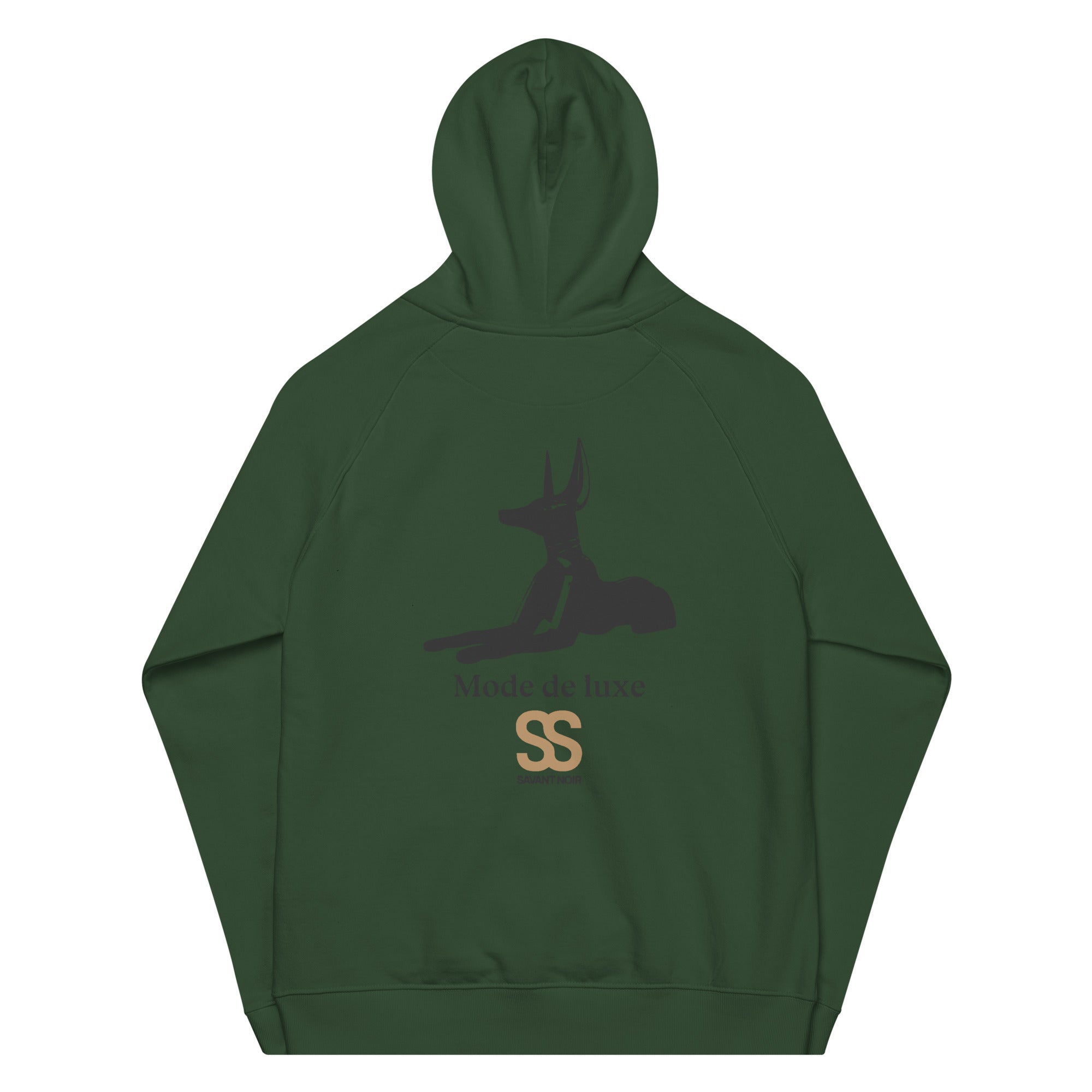 SAVANT NOIR green designer minimalist hoodie with graphic design on back and hooded style