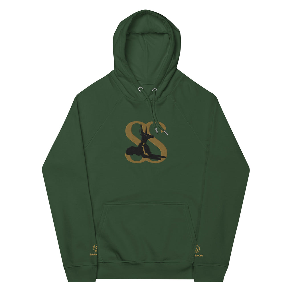 SAVANT NOIR designer minimalist hoodie in green with gold and black logo on front and front pocket