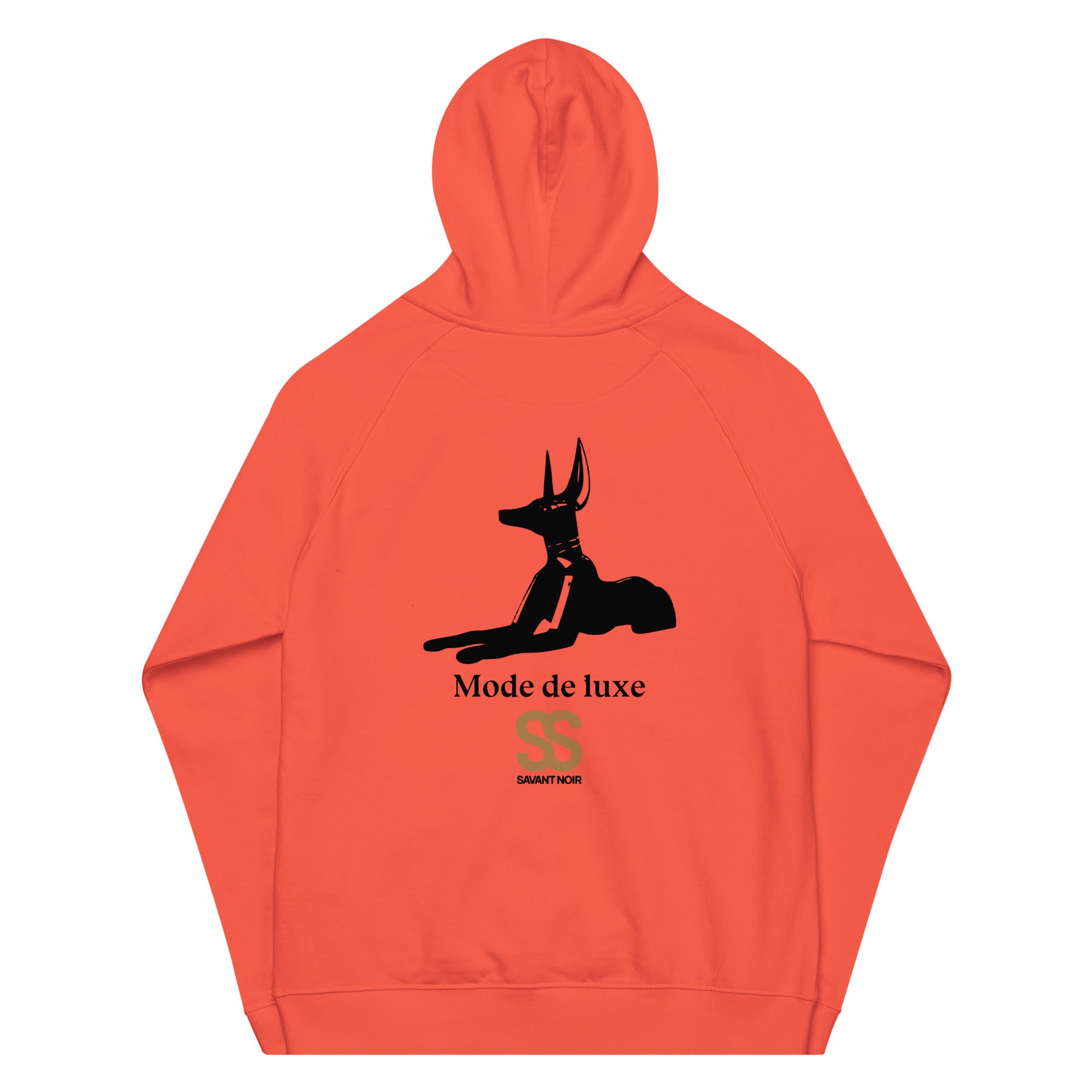 SAVANT NOIR designer minimalist hoodie in orange with black Anubis graphic and Mode de luxe text