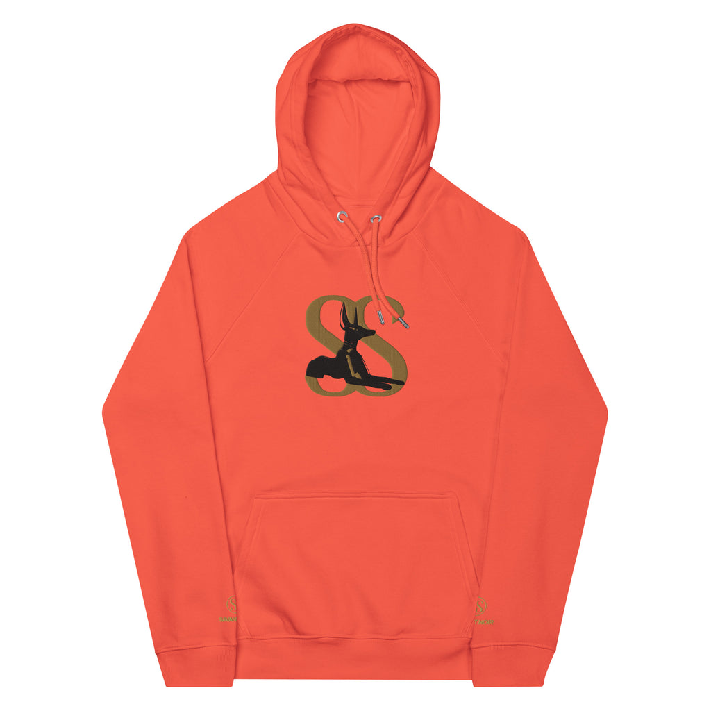 SAVANT NOIR orange designer minimalist hoodie with kangaroo pocket and stylized logo on front