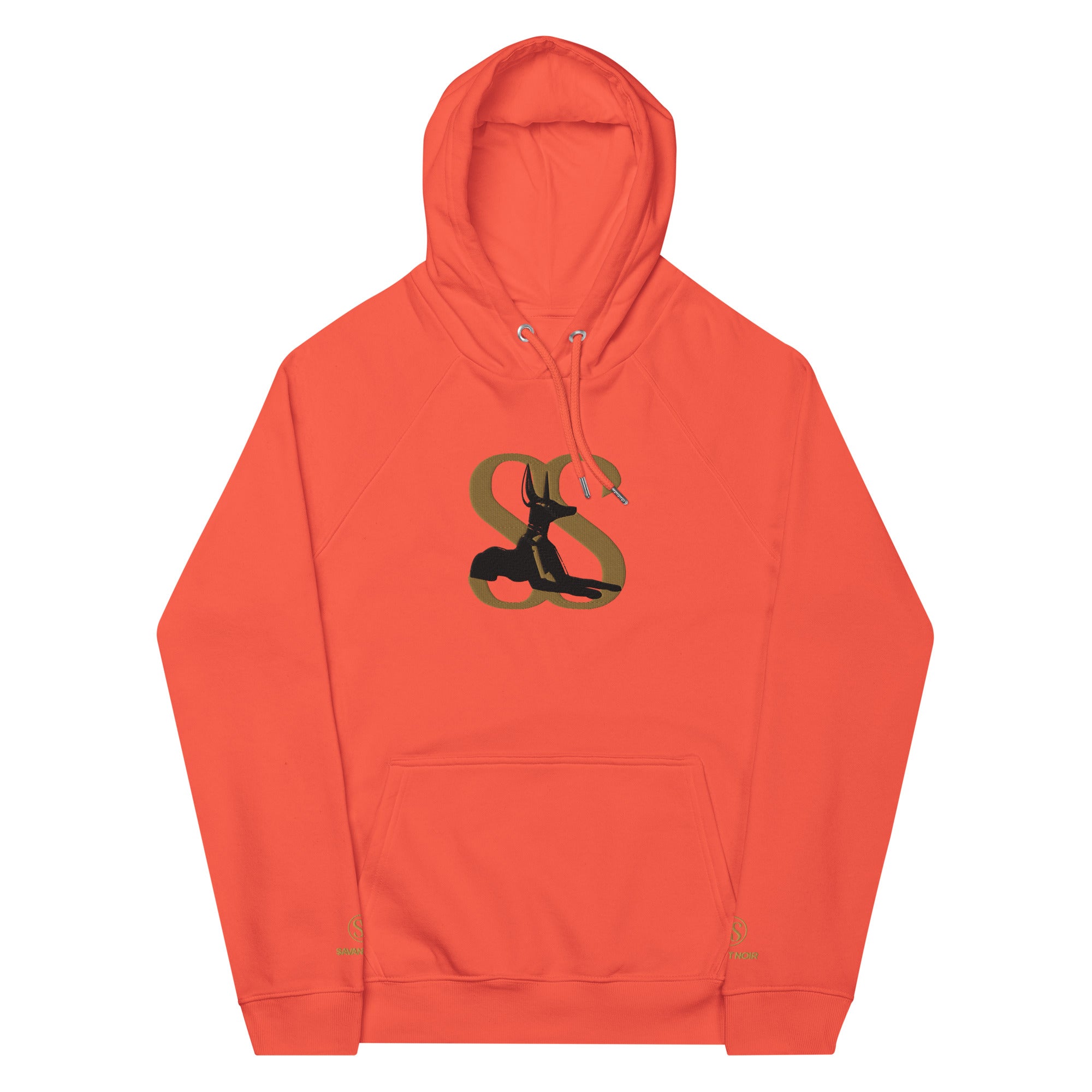 SAVANT NOIR orange designer minimalist hoodie with kangaroo pocket and stylized logo on front