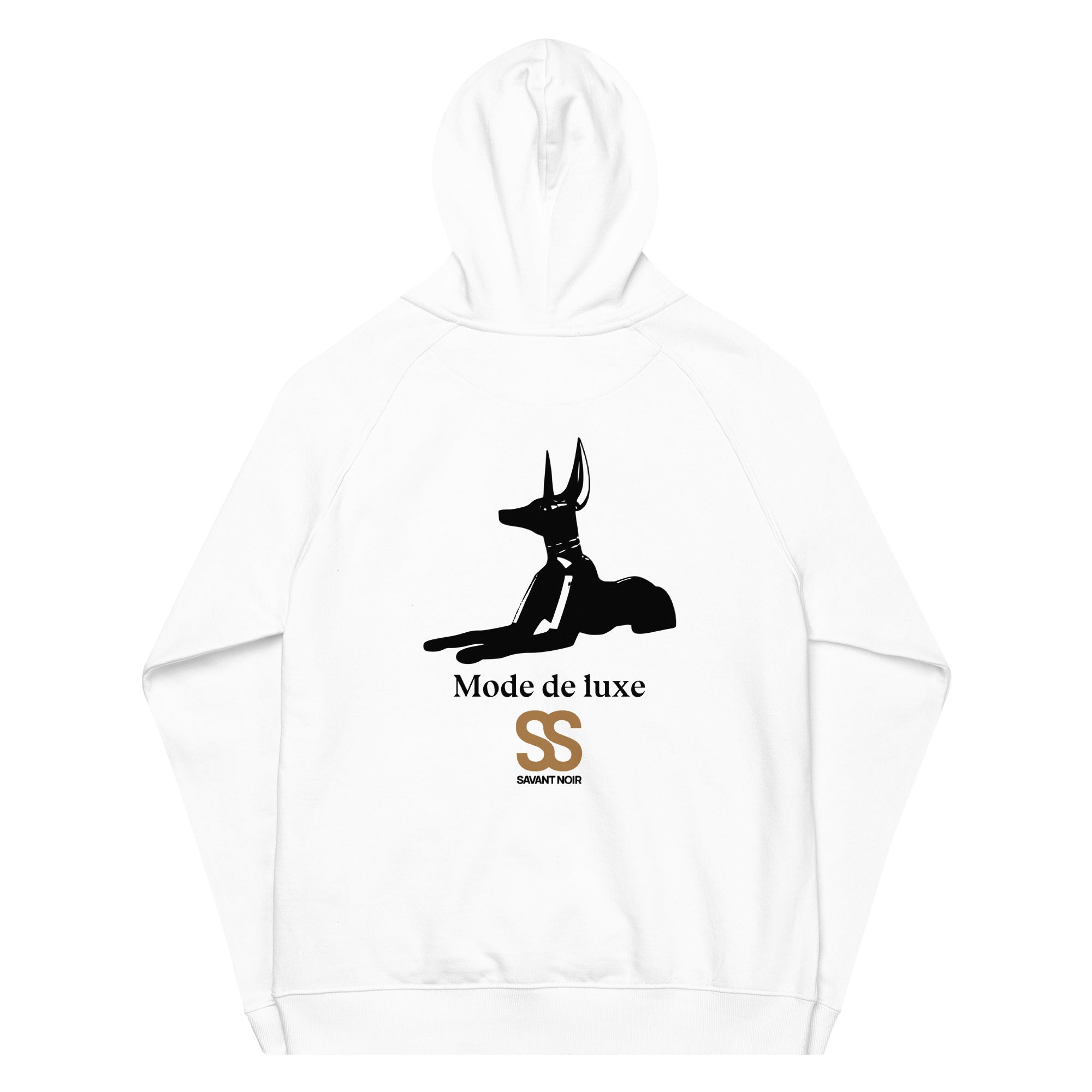 White designer minimalist hoodie by SAVANT NOIR featuring black Anubis graphic and Mode de luxe text