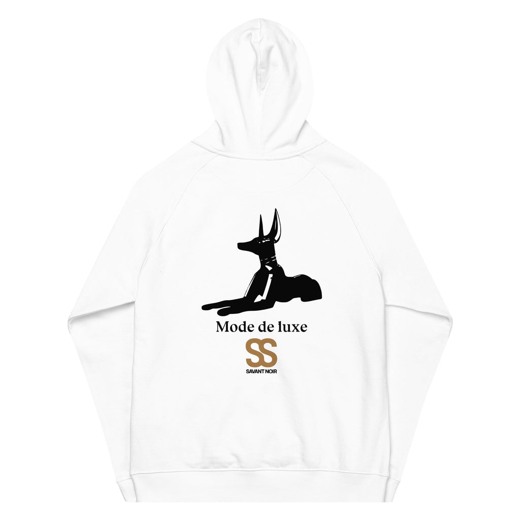 White SAVANT NOIR designer minimalist hoodie with black Anubis graphic and Mode de luxe text on back