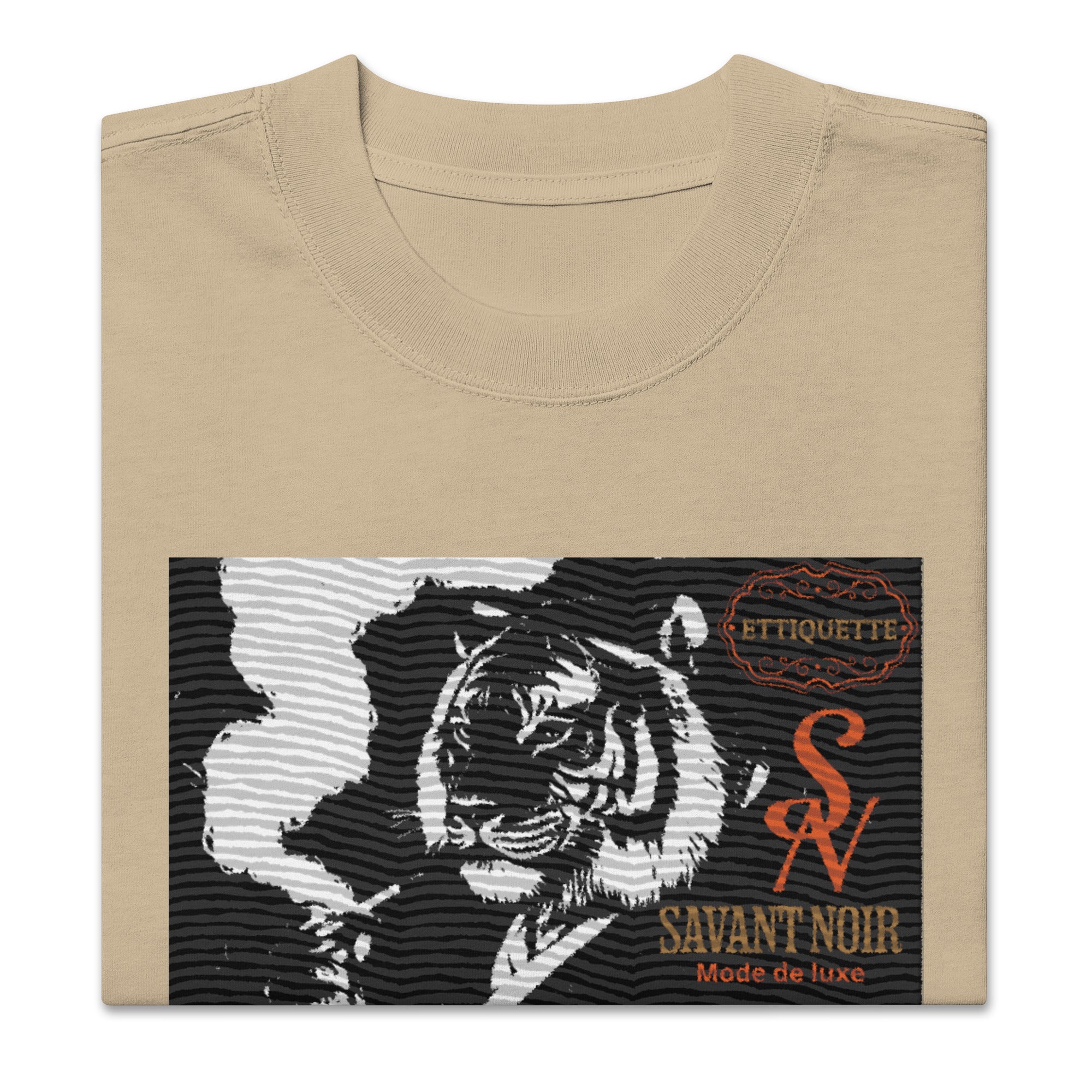 SAVANT NOIR beige designer tiger print shirt with black and white tiger graphic and logo