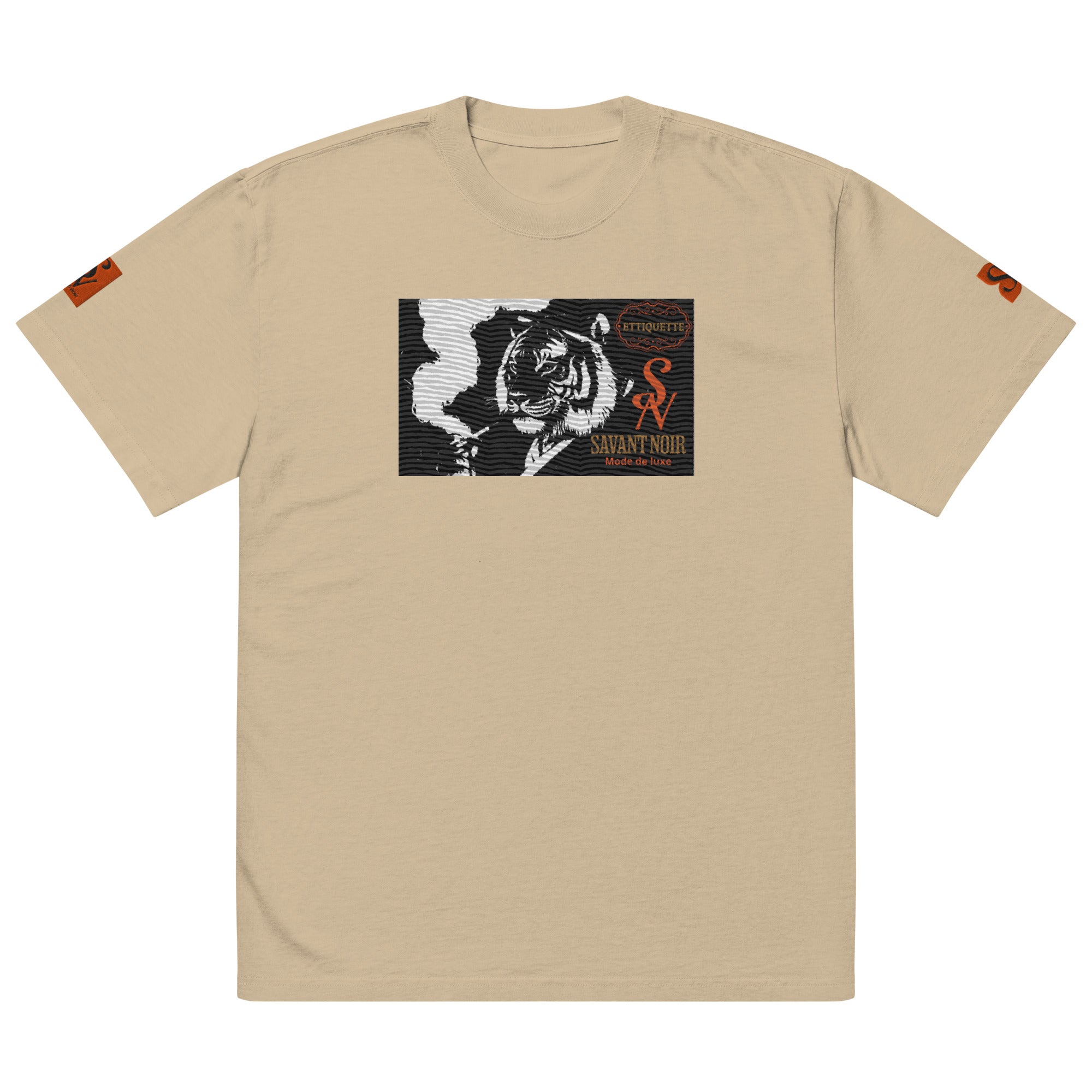 SAVANT NOIR beige designer tiger print shirt with black and orange tiger graphic on front