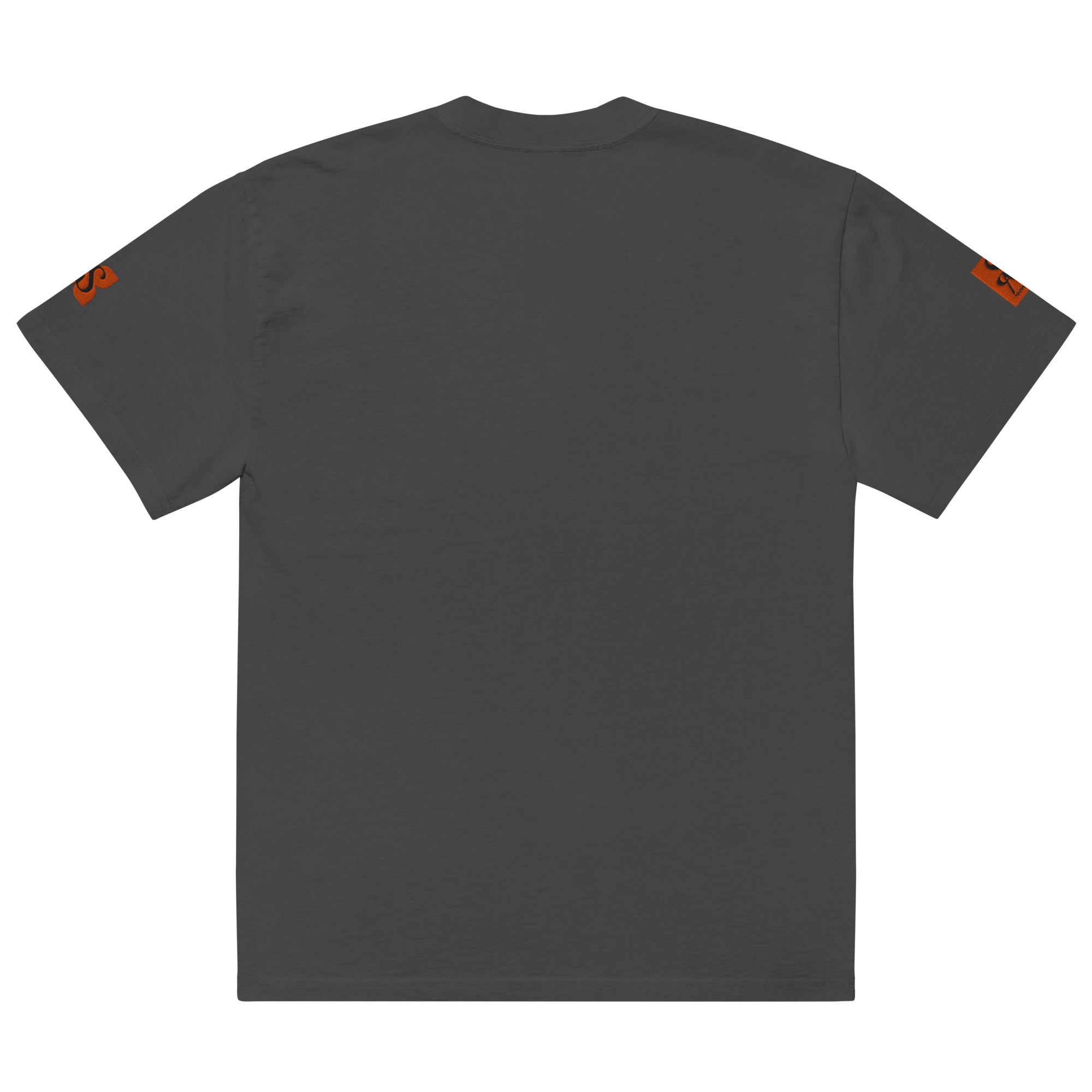 Back view of SAVANT NOIR designer tiger print shirt in dark color with orange sleeve logos