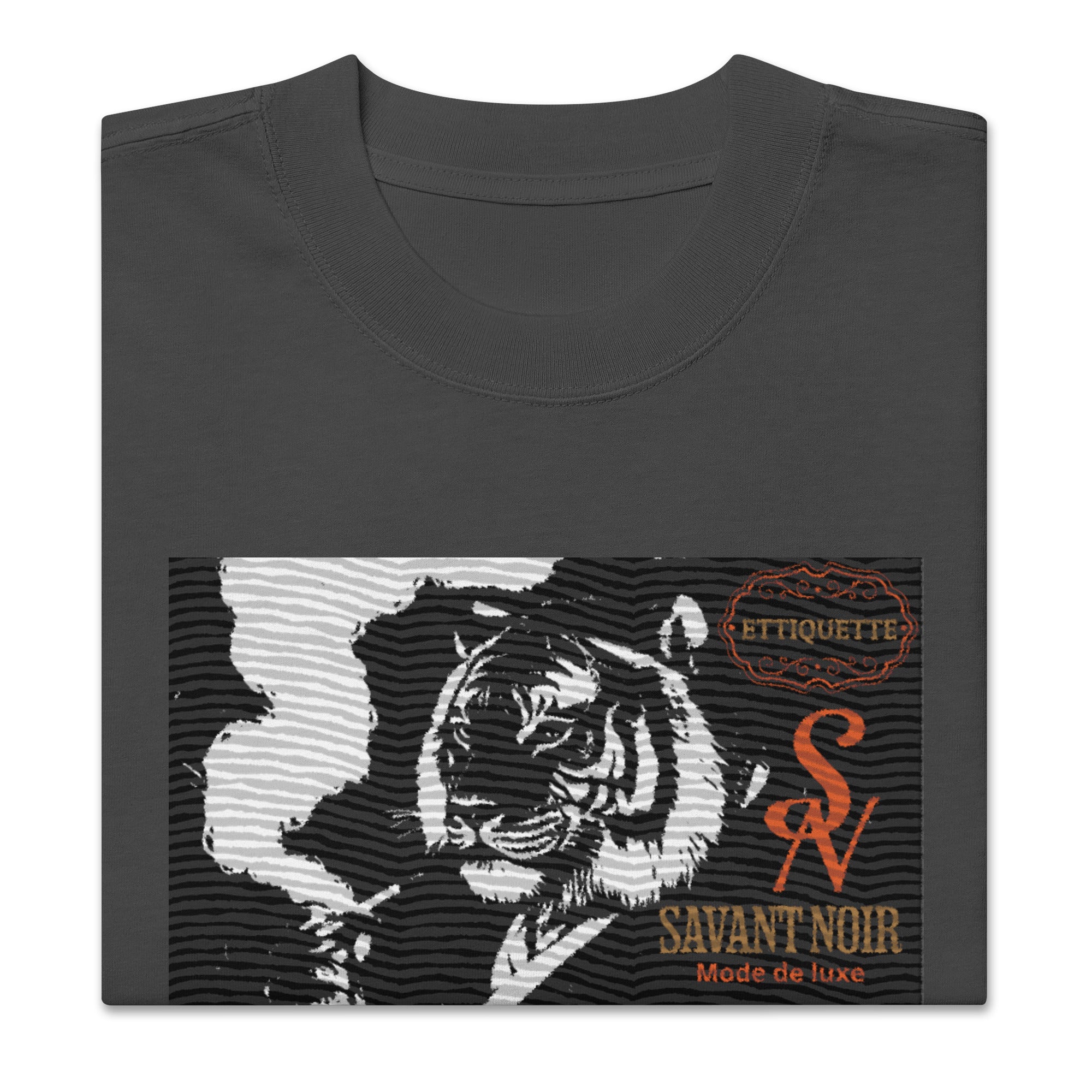 SAVANT NOIR designer tiger print shirt with black and white tiger graphic and orange logo on dark fabric