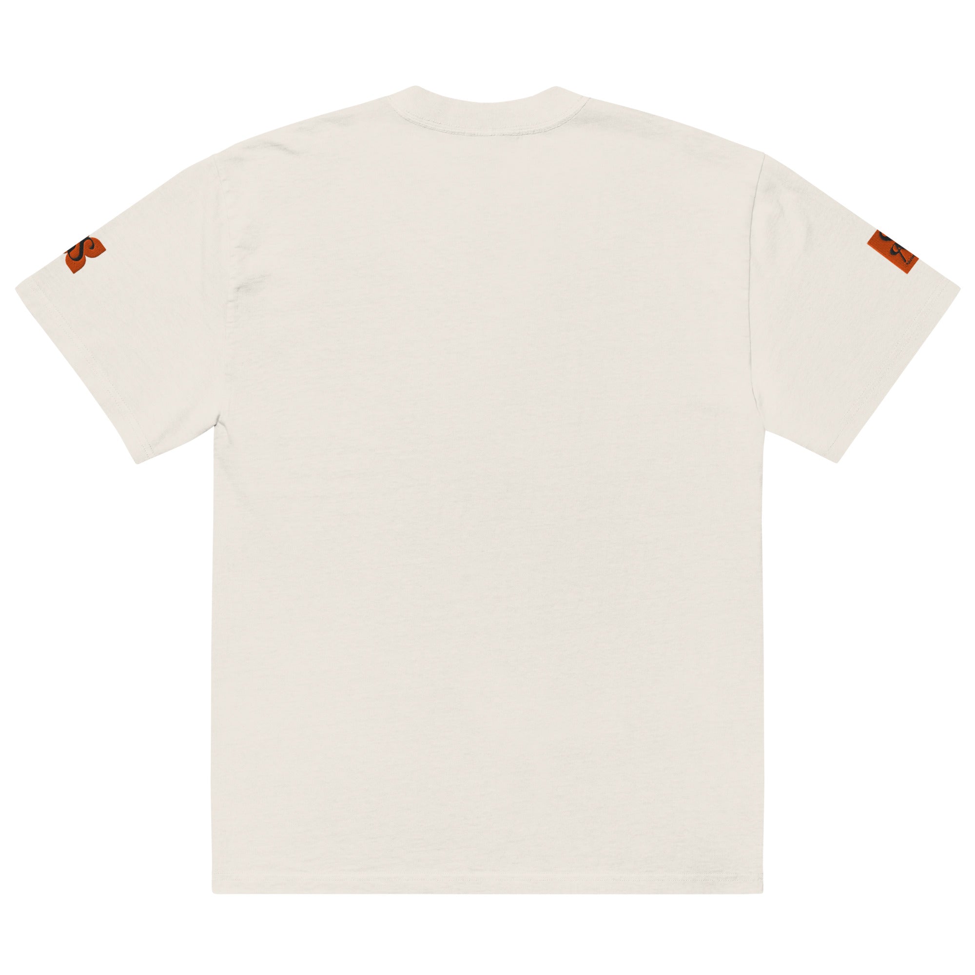 Back view of SAVANT NOIR designer tiger print shirt in plain white with small orange tiger patches on sleeves